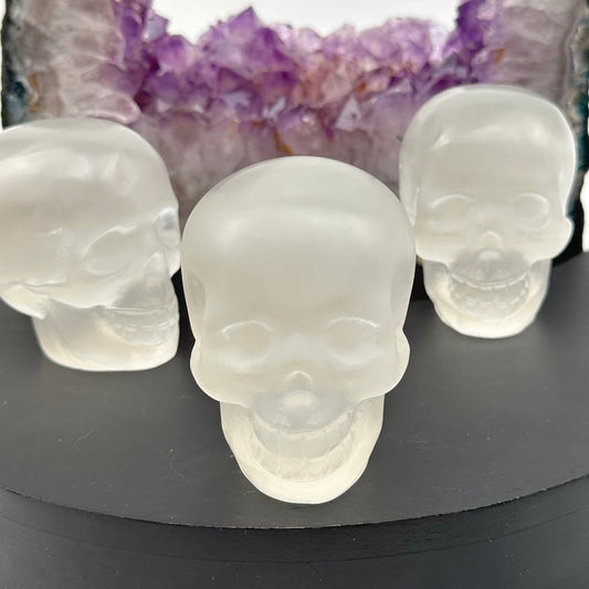 multiple selenite crystal skull heads displayed to show the slight differences in the sizes 