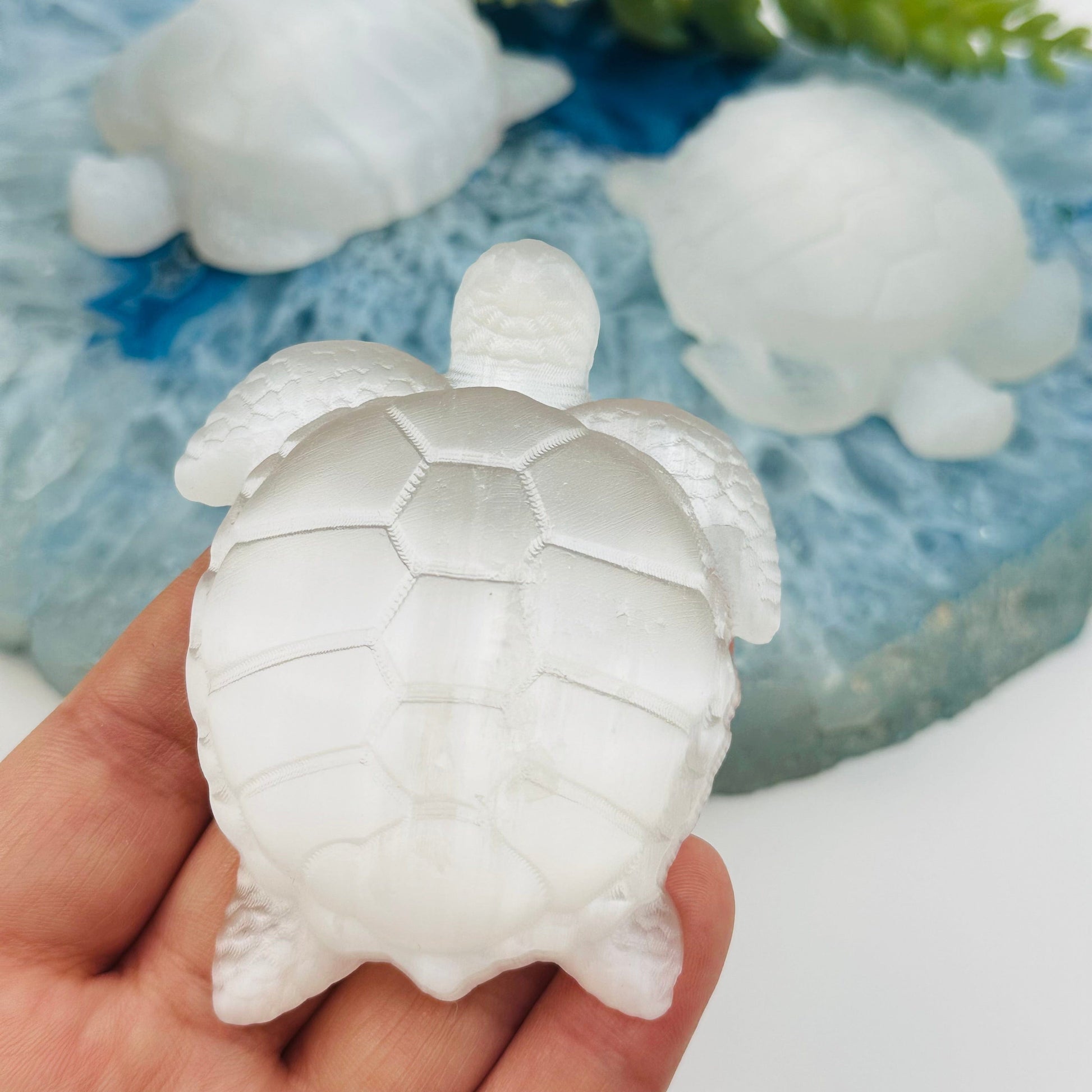 close up of the engraved details on this selenite crystal turtle