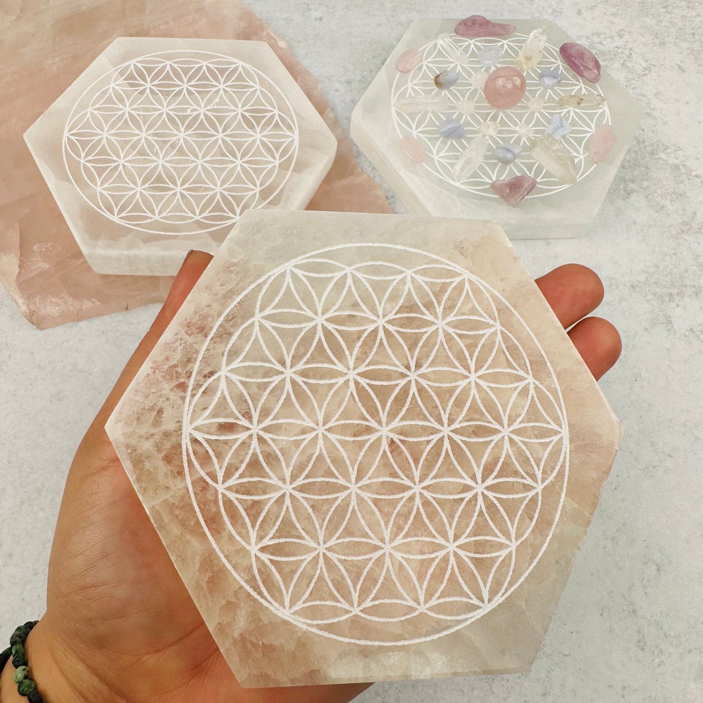 Selenite Hexagon Engraved with Flower of Life - Charging Plate