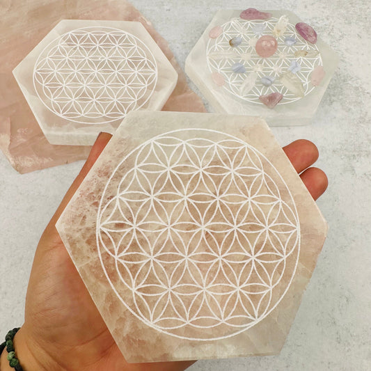 Selenite Hexagon Engraved with Flower of Life - Charging Plate