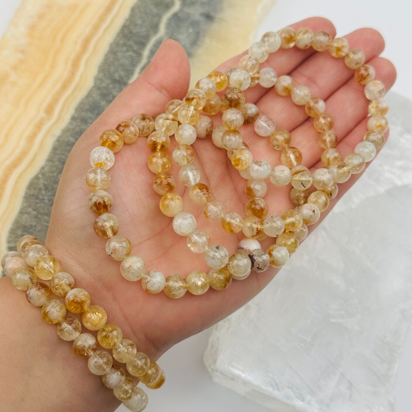 heat treated citrine bracelets on hand for size reference 