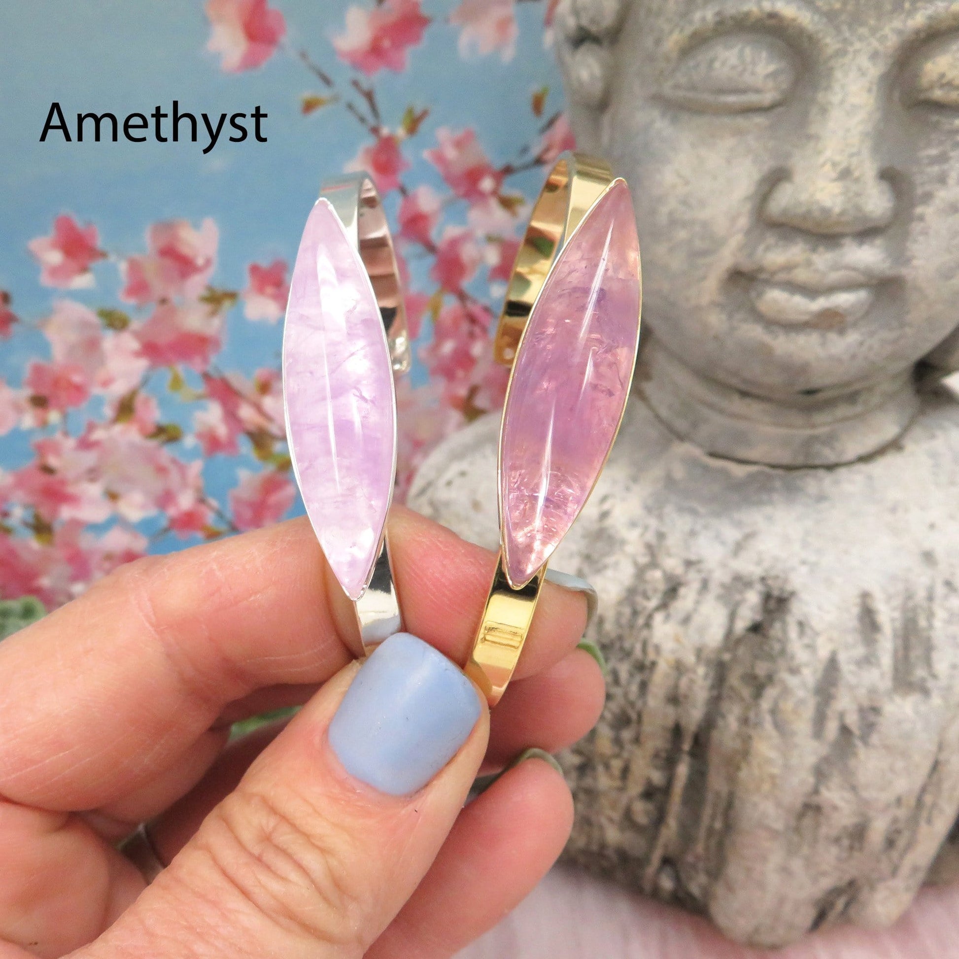 amethyst bracelets in a hand