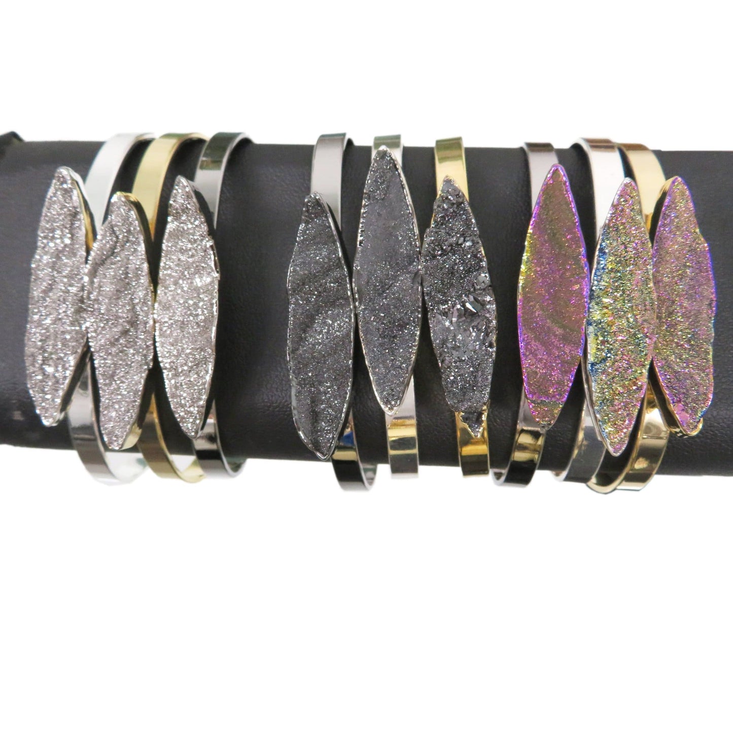 Titanium Druzy Stone Bracelets on a cylinder