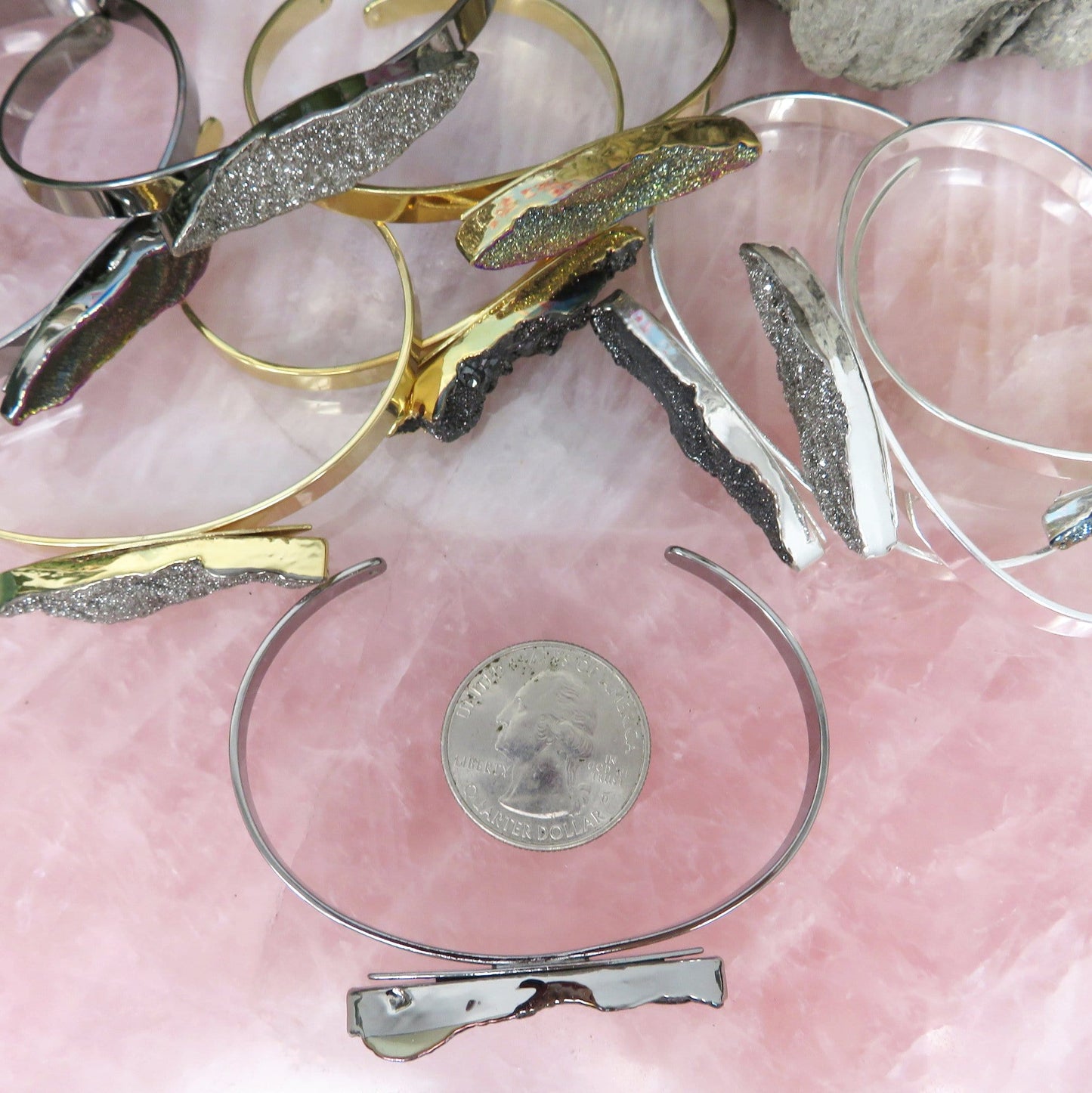 Titanium Druzy Stone Bracelets - next to a quarter