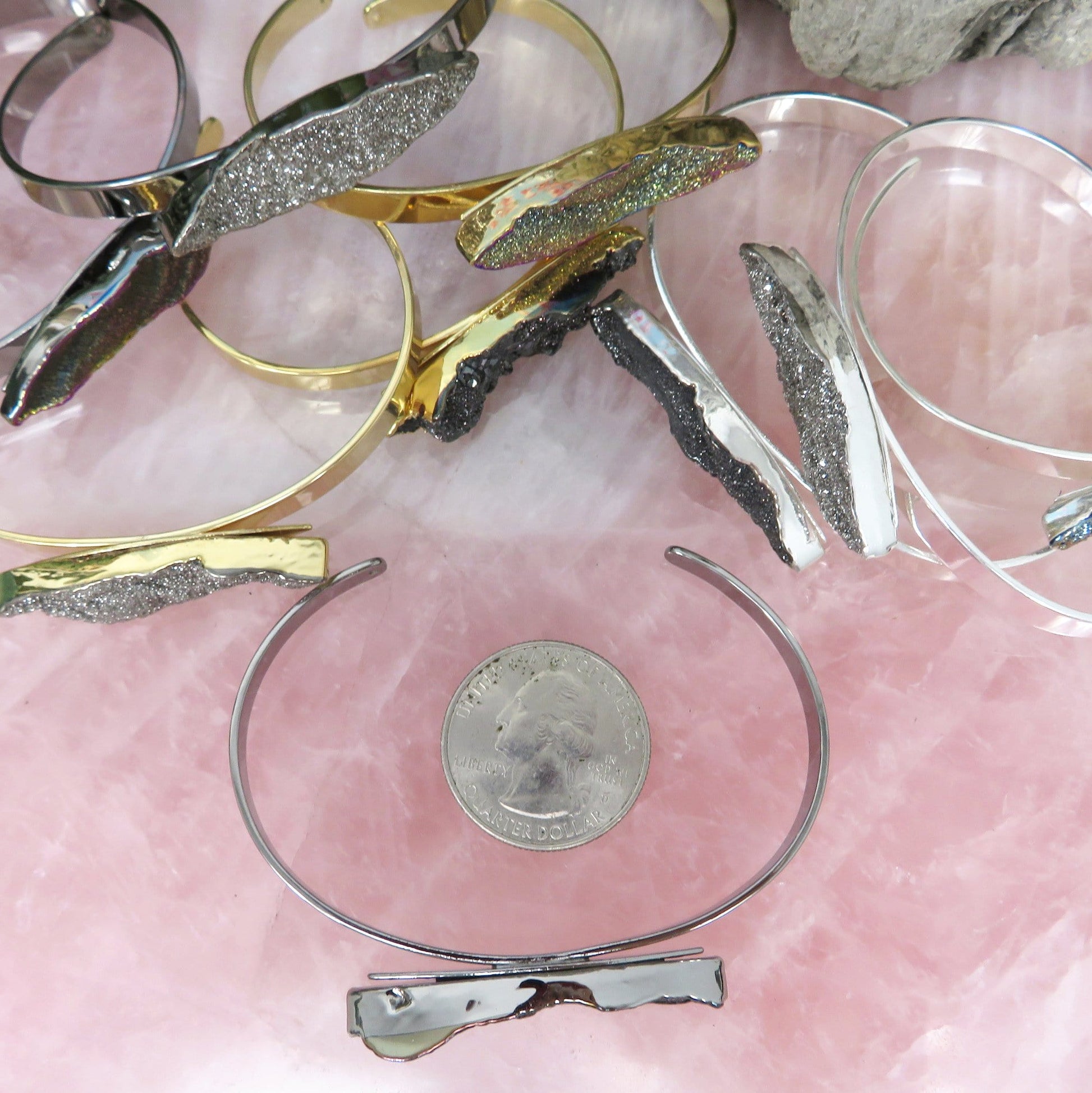 Titanium Druzy Stone Bracelets - next to a quarter