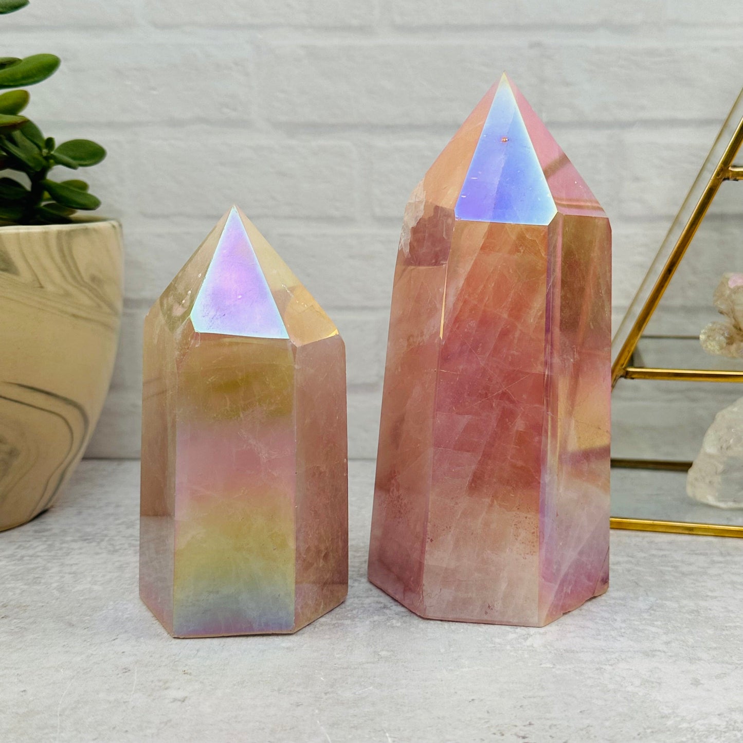 Angel Aura Rose Quartz Polished Towers displayed as home decor