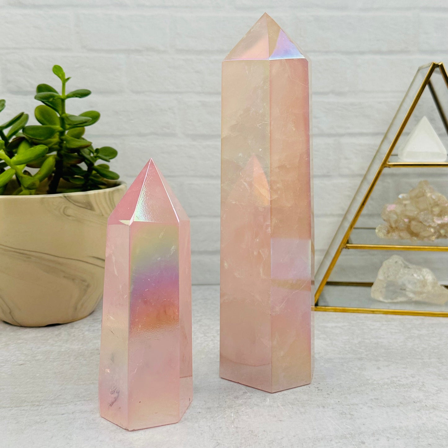Angel Aura Rose Quartz Polished Towers displayed as home decor