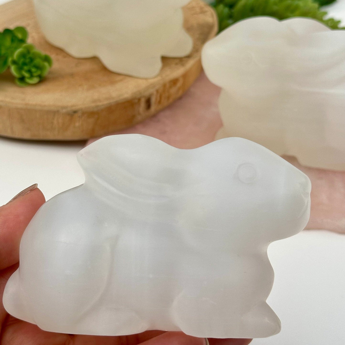selenite crystal rabbit displayed as home decor 