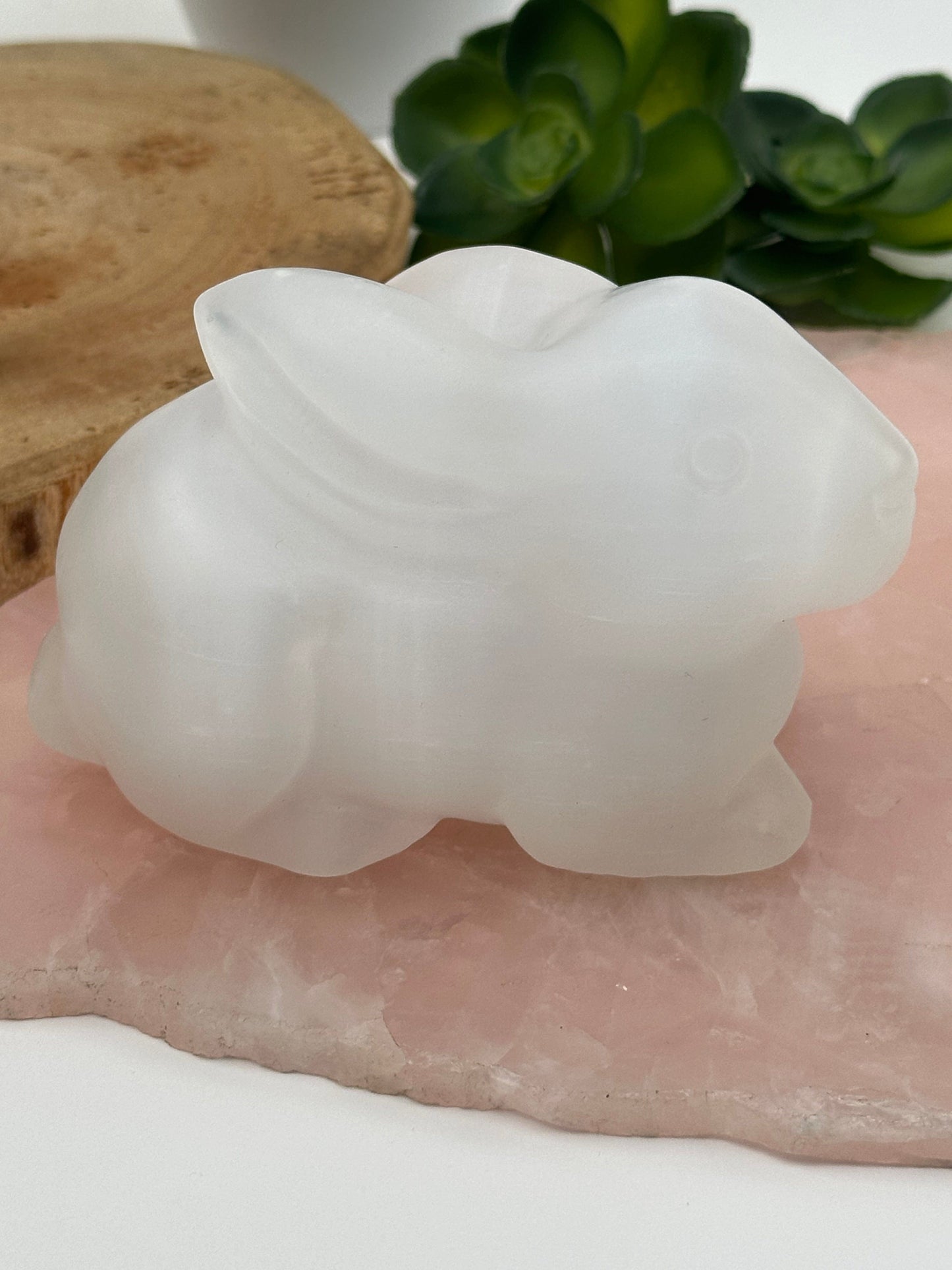 close up of the engraved details on this selenite rabbit