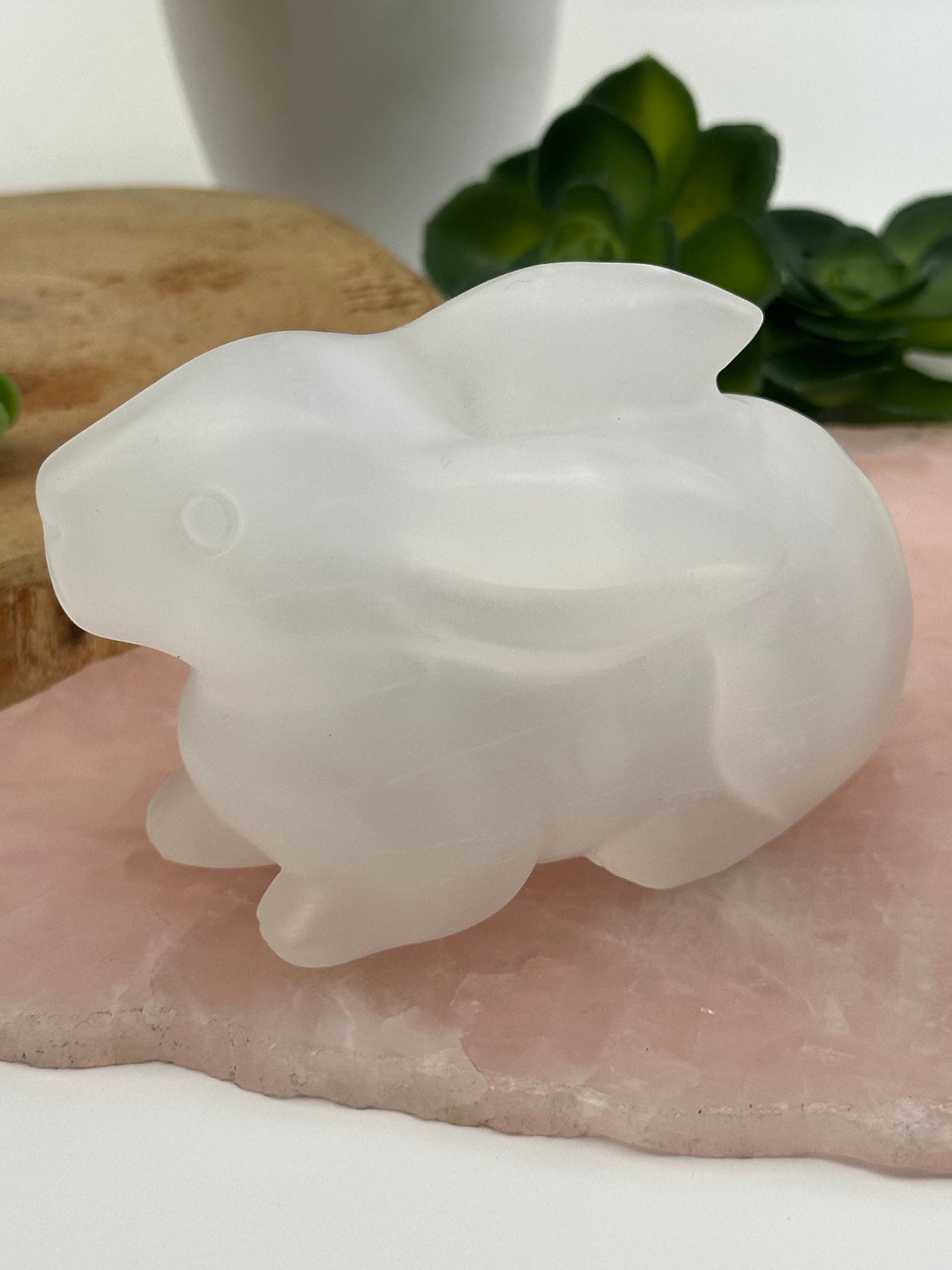 close up of the engraved details on this selenite rabbit