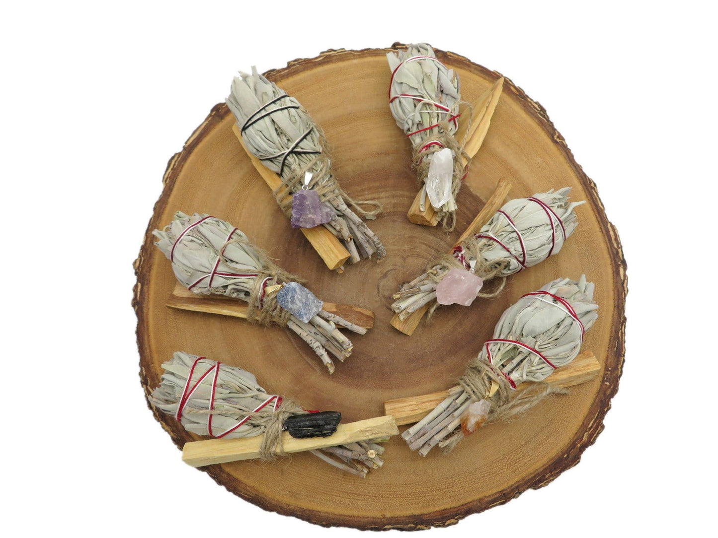 all sage palo santo bundle with stone pendant options on display