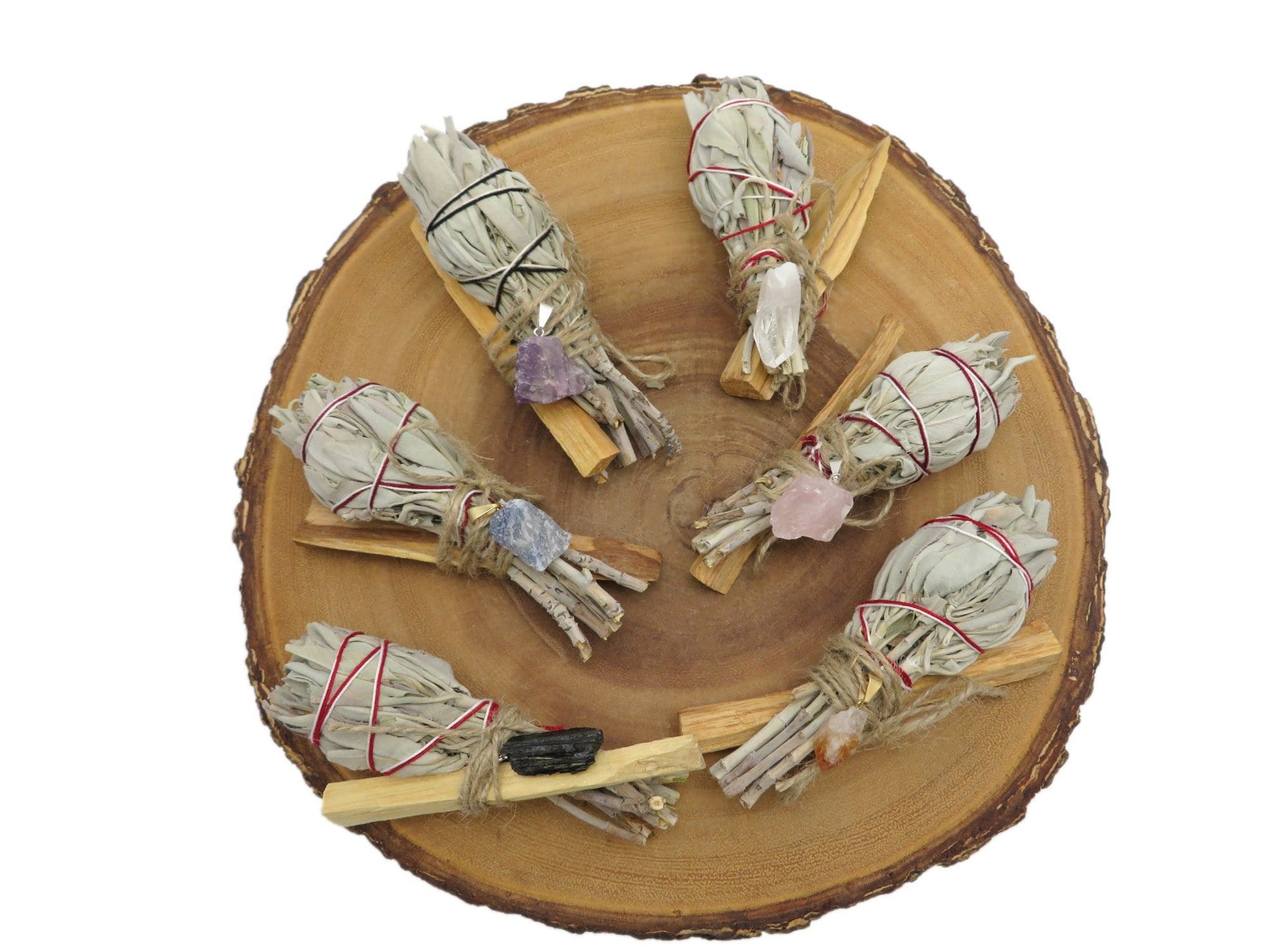 all sage palo santo bundle with stone pendant options on display