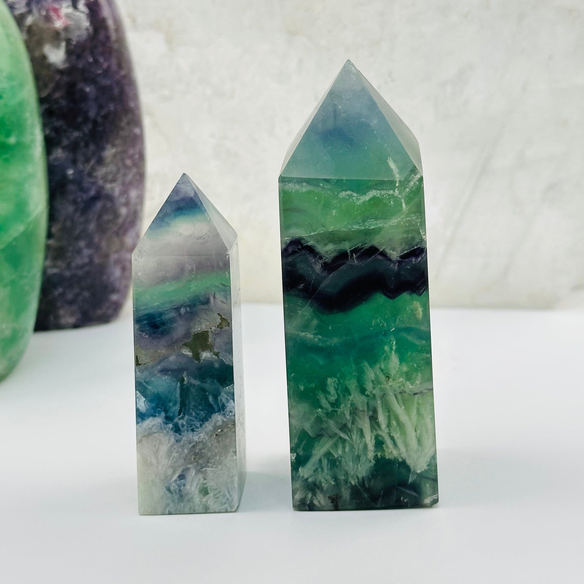 close up of the details on these fluorite crystal points