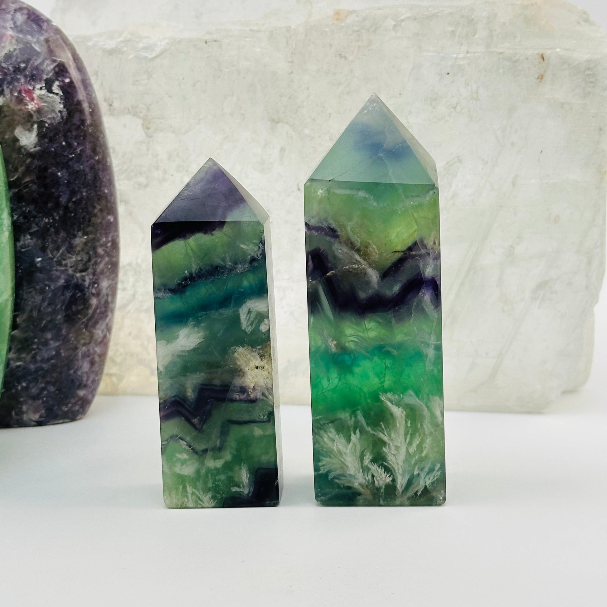 close up of the details on these fluorite crystal points