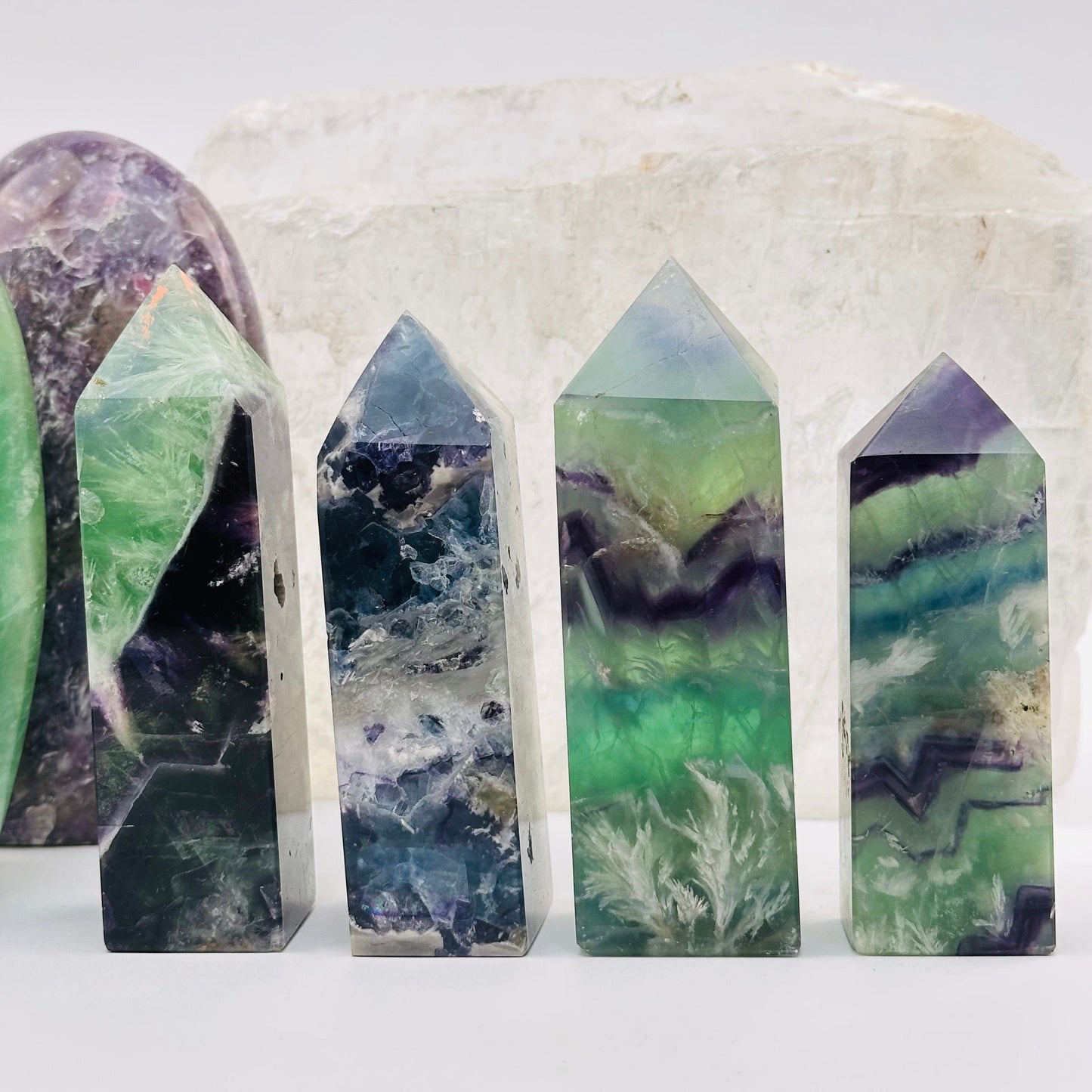 close up of the details on these fluorite crystal points