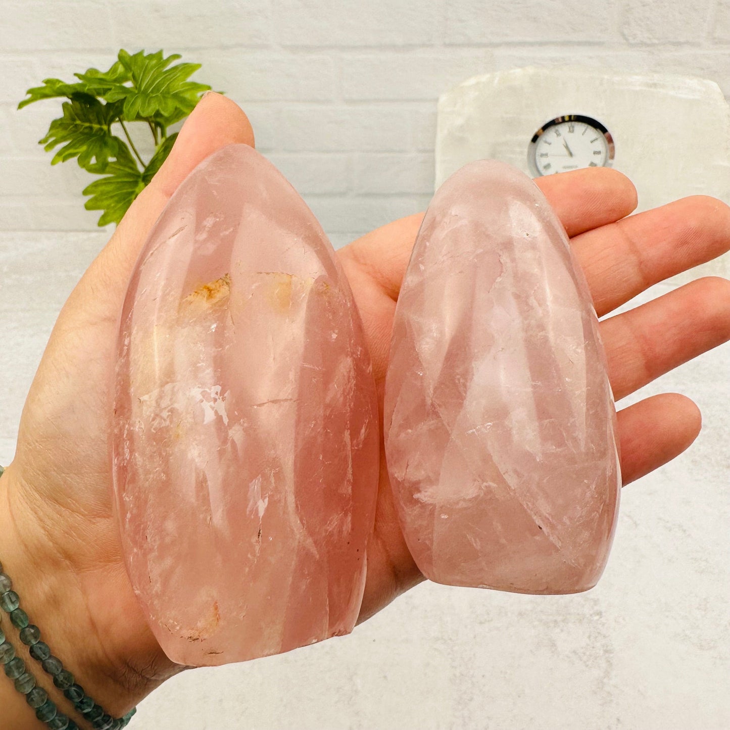 Rose Quartz Cut Base in hand for size reference 