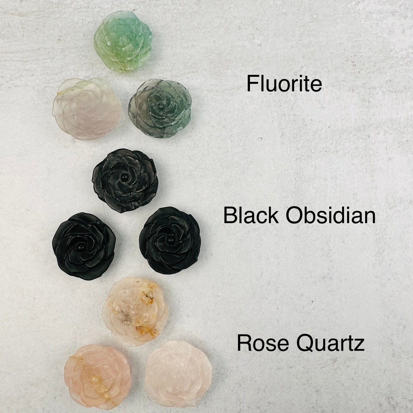 Gemstone Hand Carved Open Roses next to their crystal name 