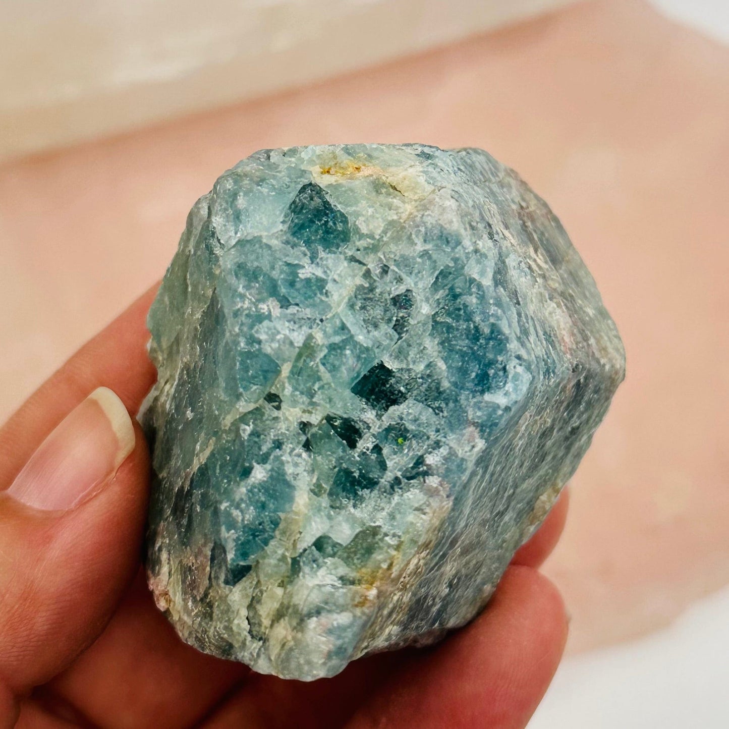 close up of the details on this rough aquamarine 