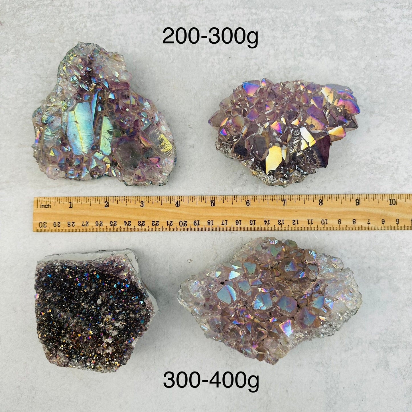 Amethyst Druzy Crystal Cluster with Angel Aura Pearly Finish by weight next to a ruler for size reference 