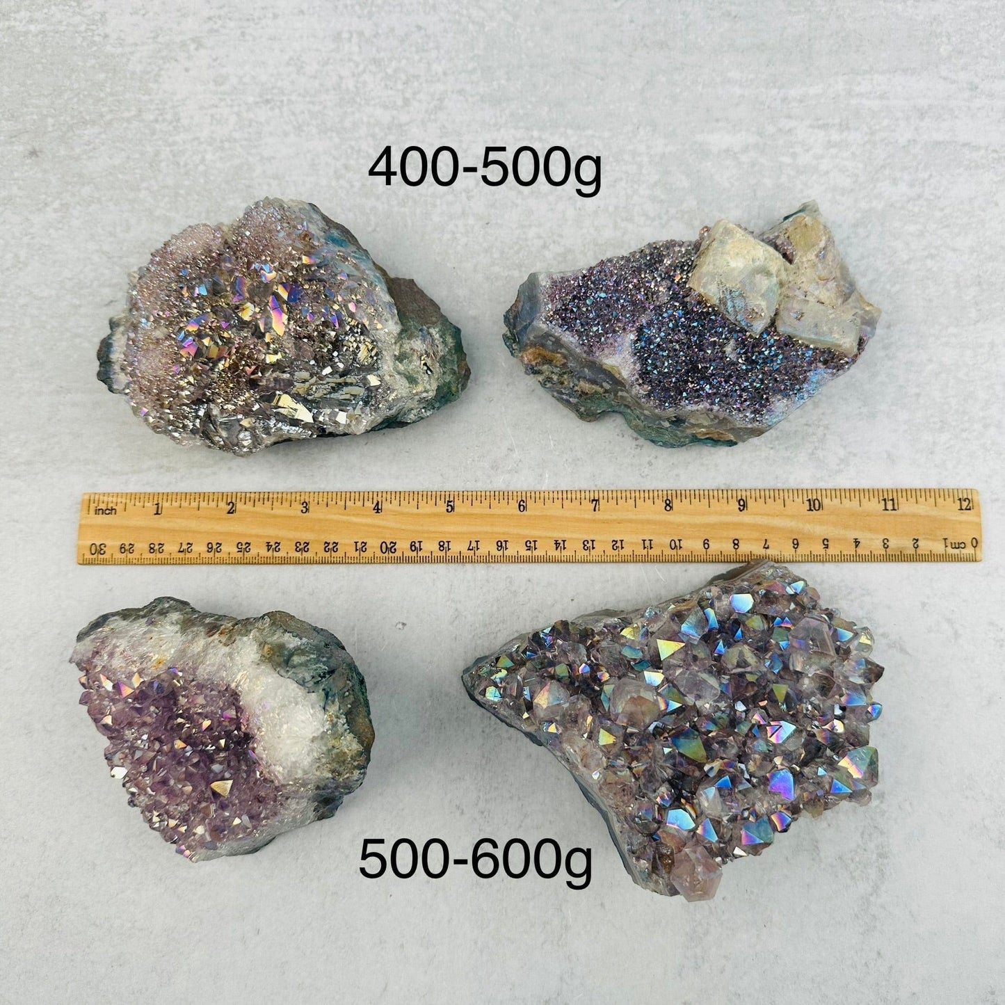 Amethyst Druzy Crystal Cluster with Angel Aura Pearly Finish by weight next to a ruler for size reference 