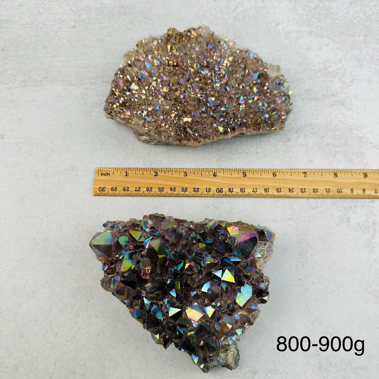 Amethyst Druzy Crystal Cluster with Angel Aura Pearly Finish by weight next to a ruler for size reference 