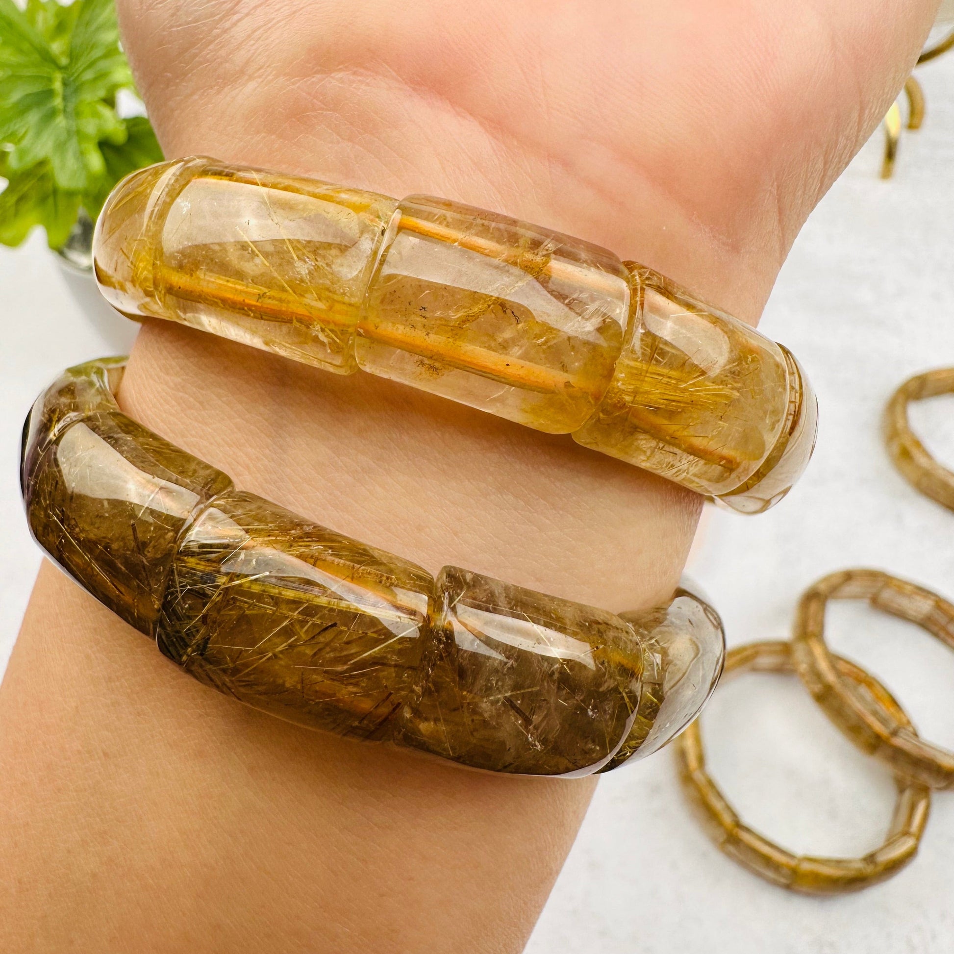 Gold Rutilated Rectangle Bead Bracelets - High Quality -