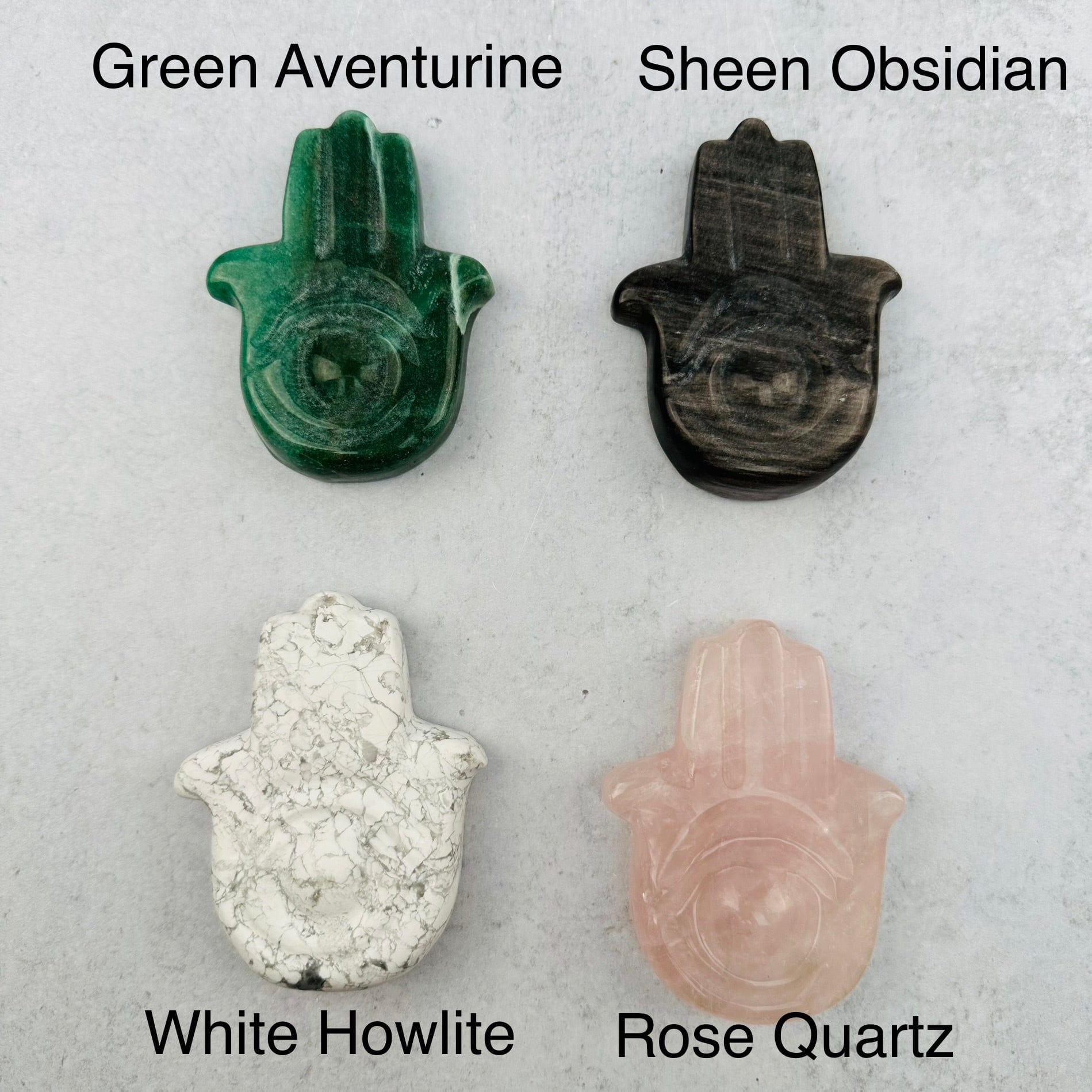 Carved Hamsa Hand Stone with Protective Eye - You Choose Stone next to its crystal name 