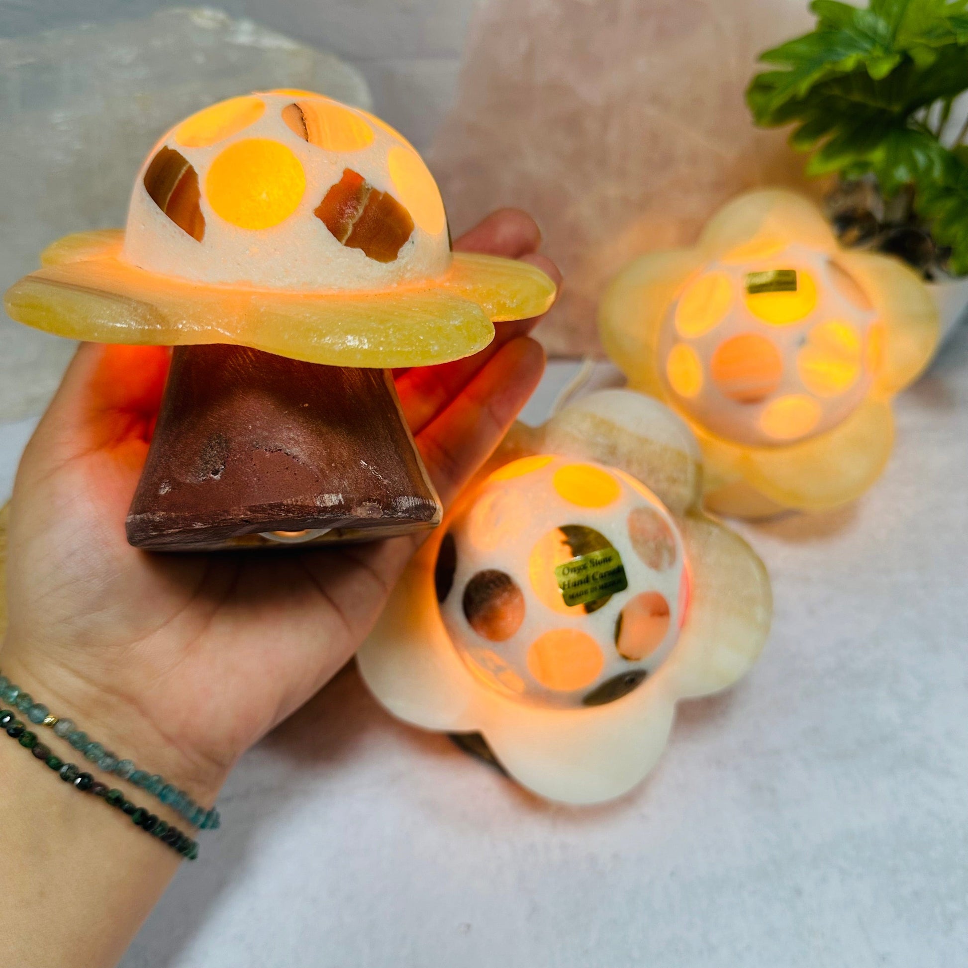 Mexican Onyx Flower Lamp in hand for size reference 