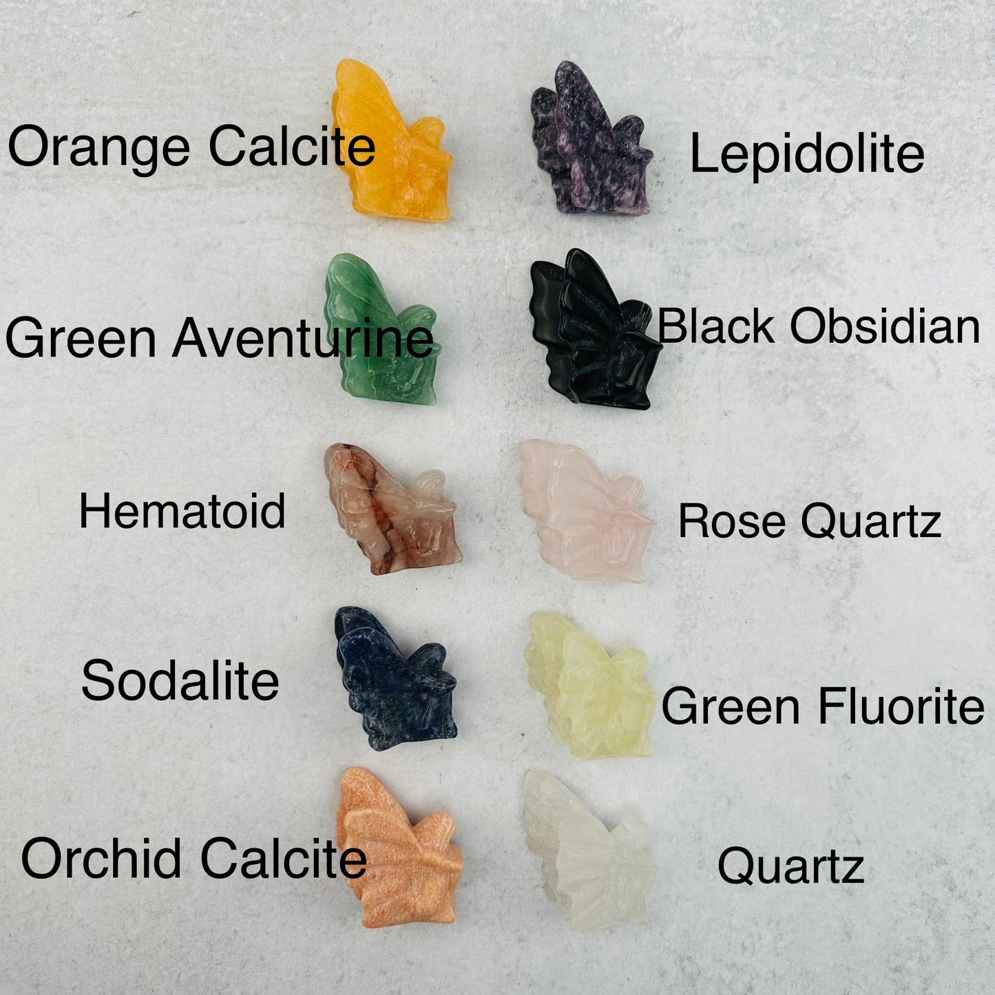 Carved Gemstone Fairy next to its crystal name 