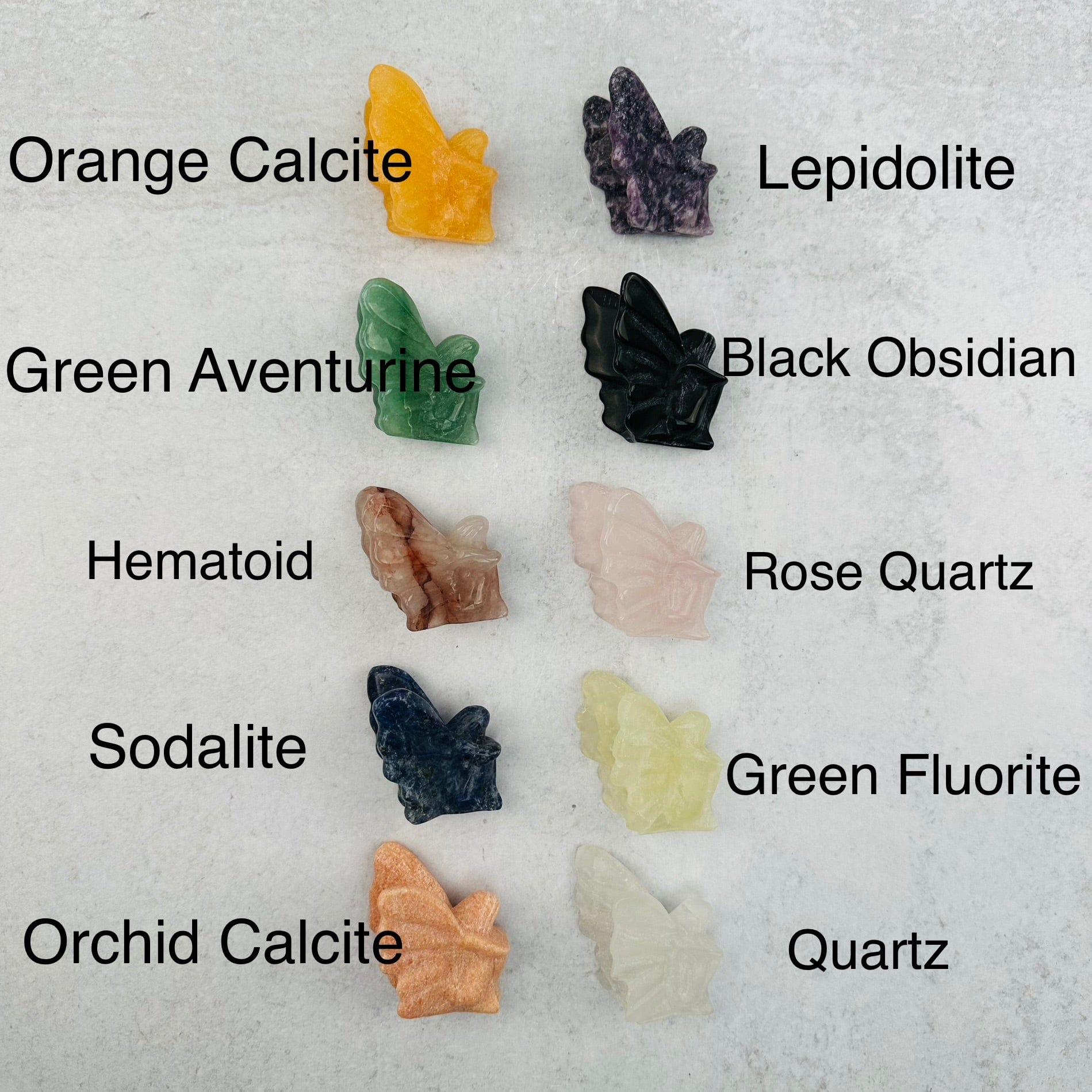 Carved Gemstone Fairy next to its crystal name 