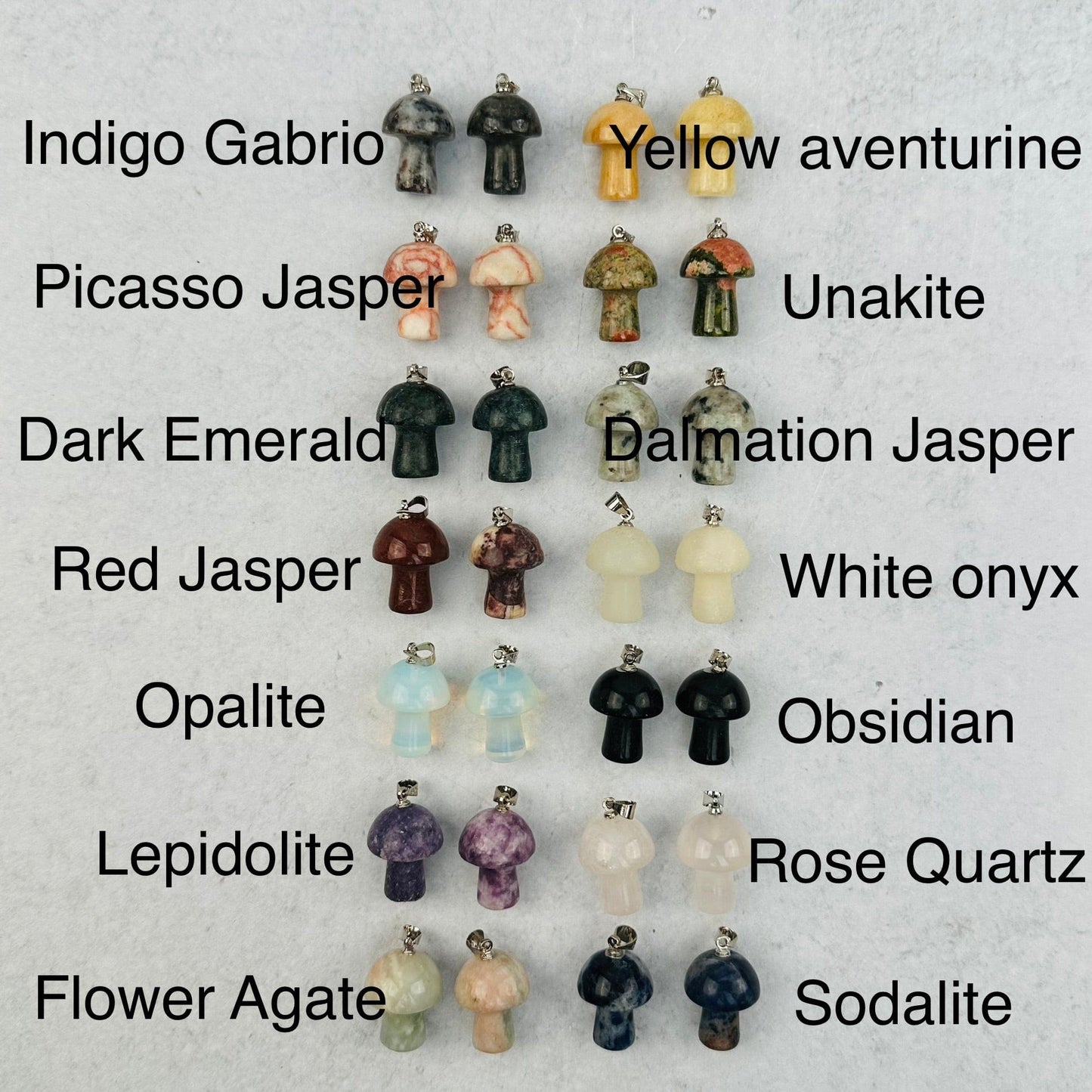 mushroom pendant displayed next to the crystal name
