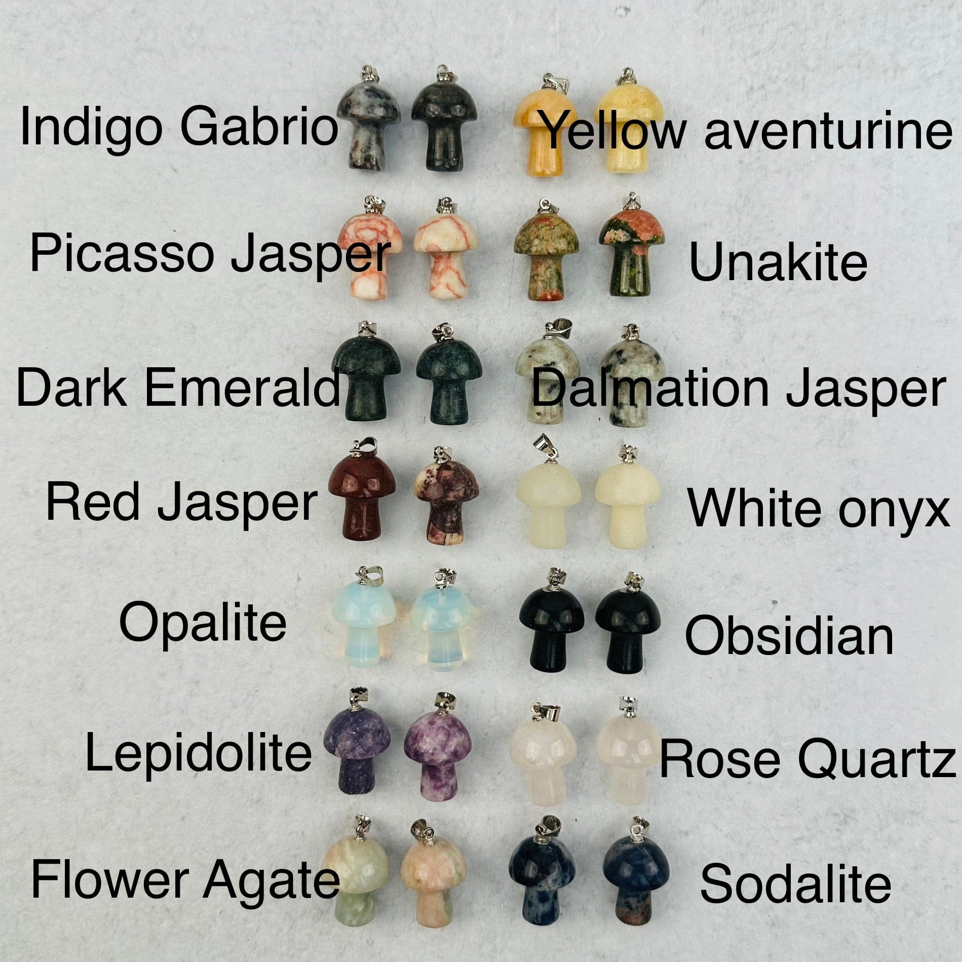 mushroom pendant displayed next to the crystal name