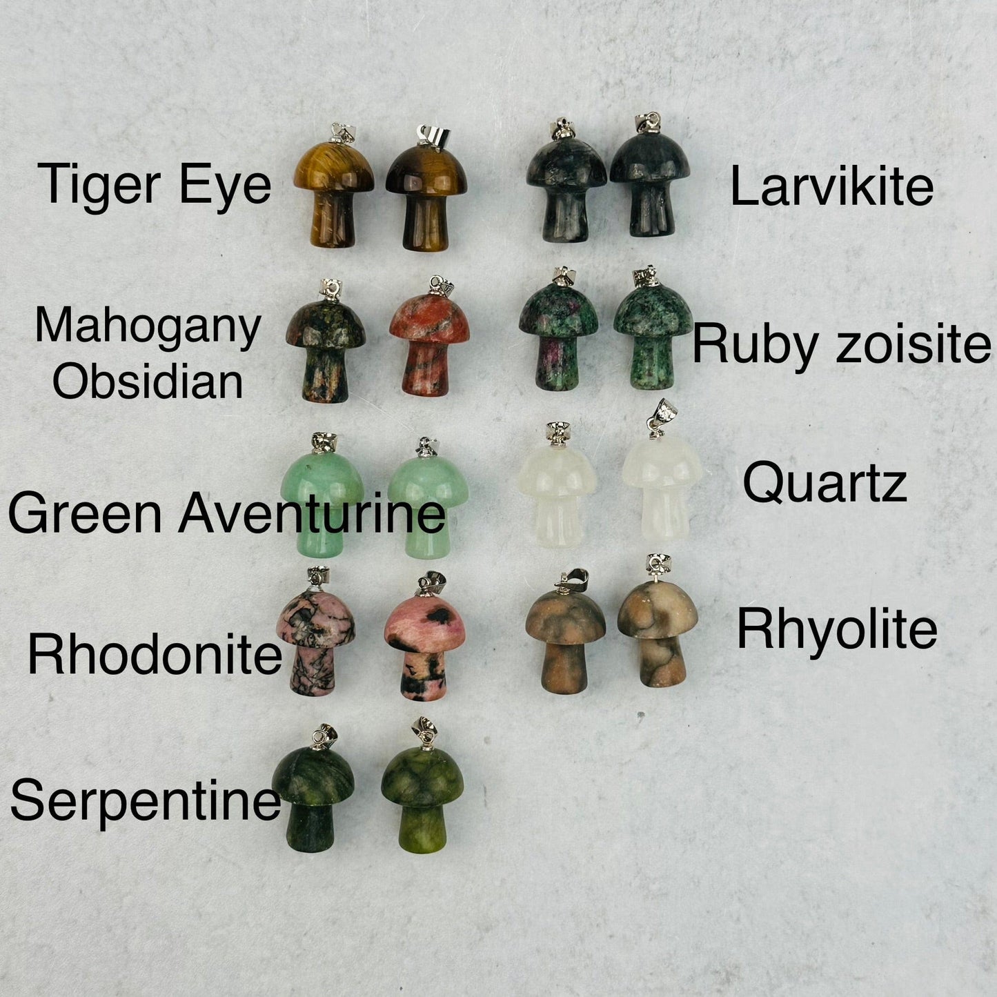 mushroom pendant displayed next to the crystal name