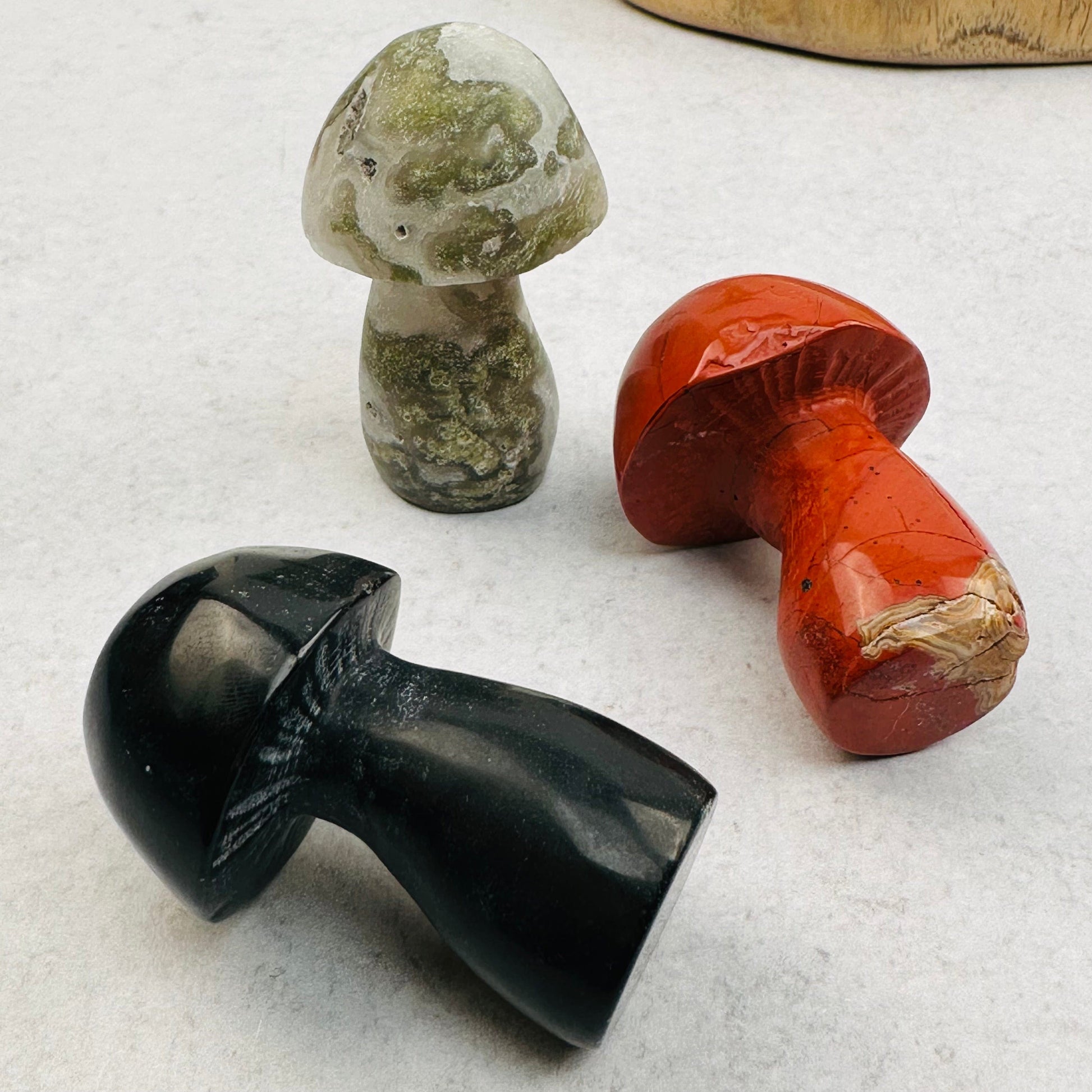 close up of the craved details on the gemstone mushrooms 
