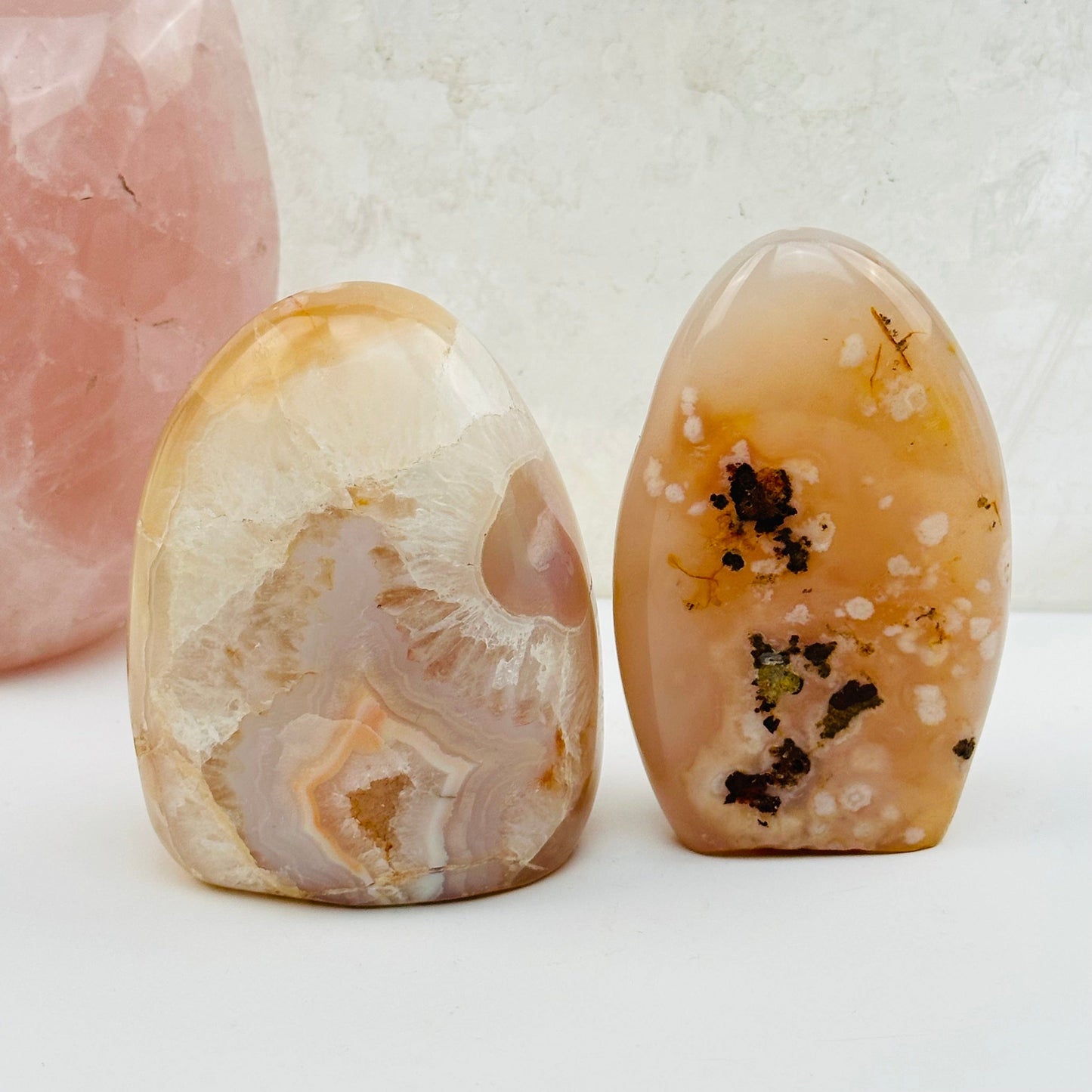 flower agate cut base crystals displayed as home decor 