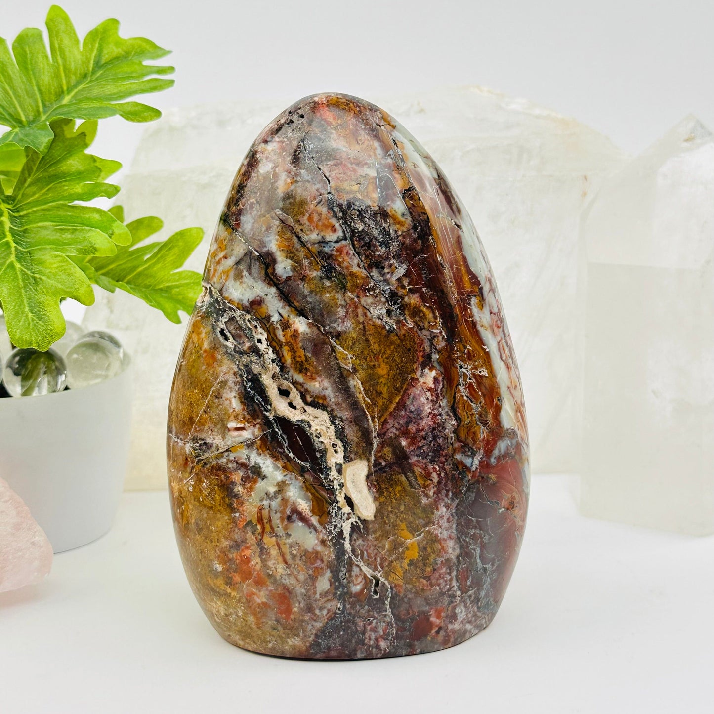 ocean jasper polished crystal cut base displayed as home decor 