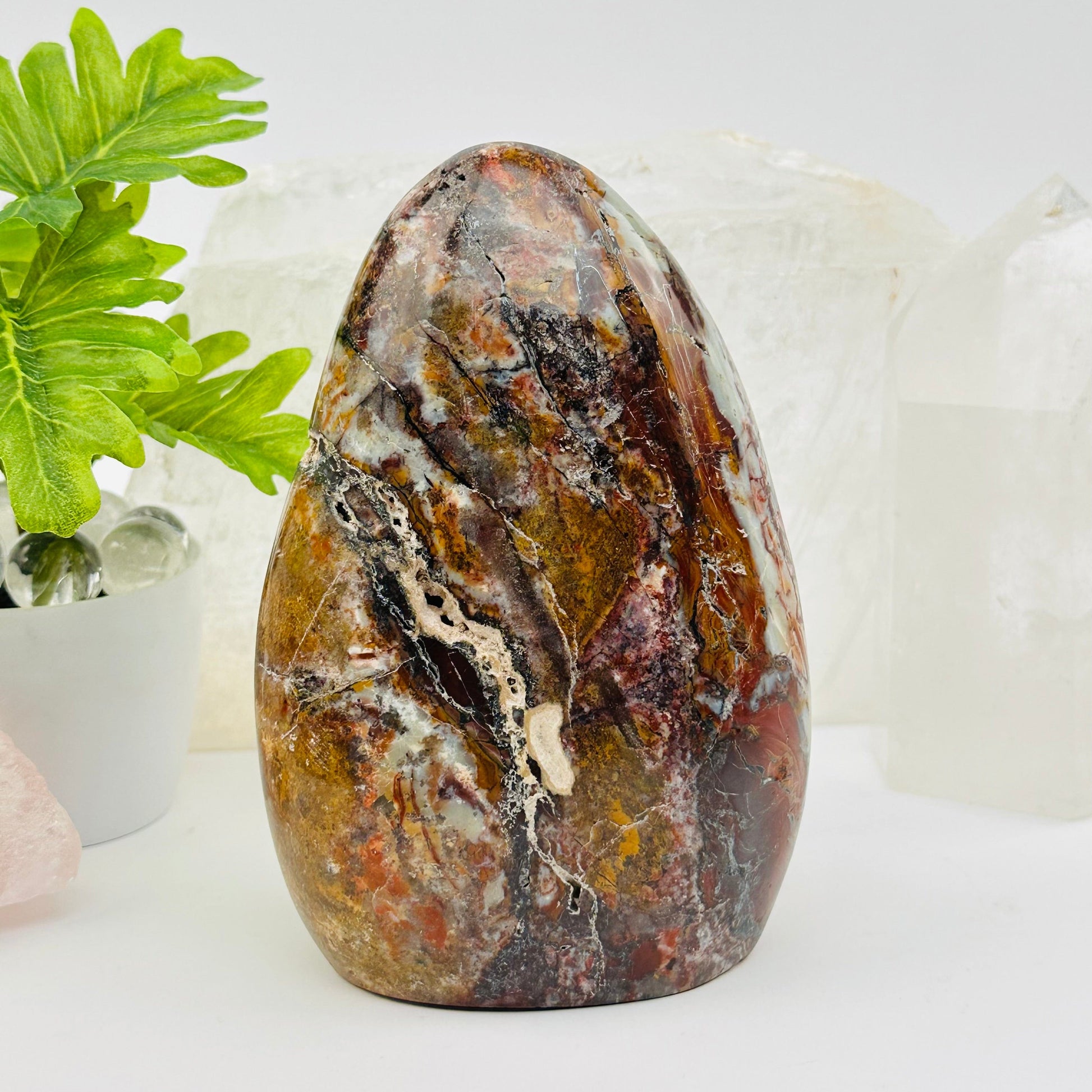 ocean jasper polished crystal cut base displayed as home decor 