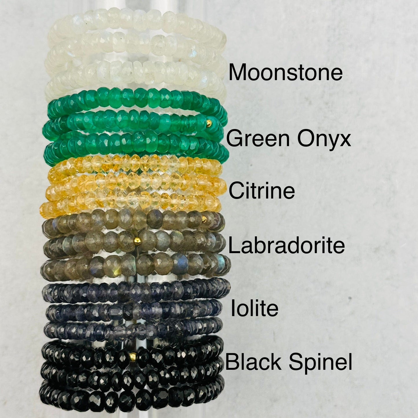 gemstone bracelets next to their crystal name 