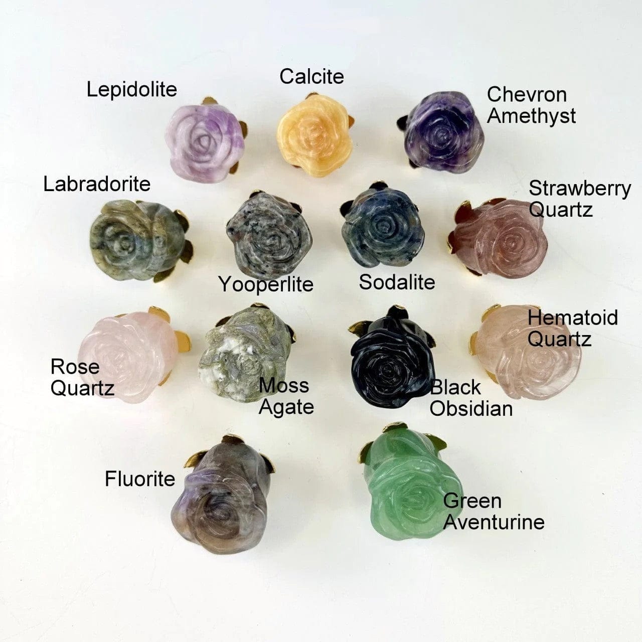 Crystal Rose Carved Stone with Metal Stem (Gemstone Rose Gift, Gold or Silver)