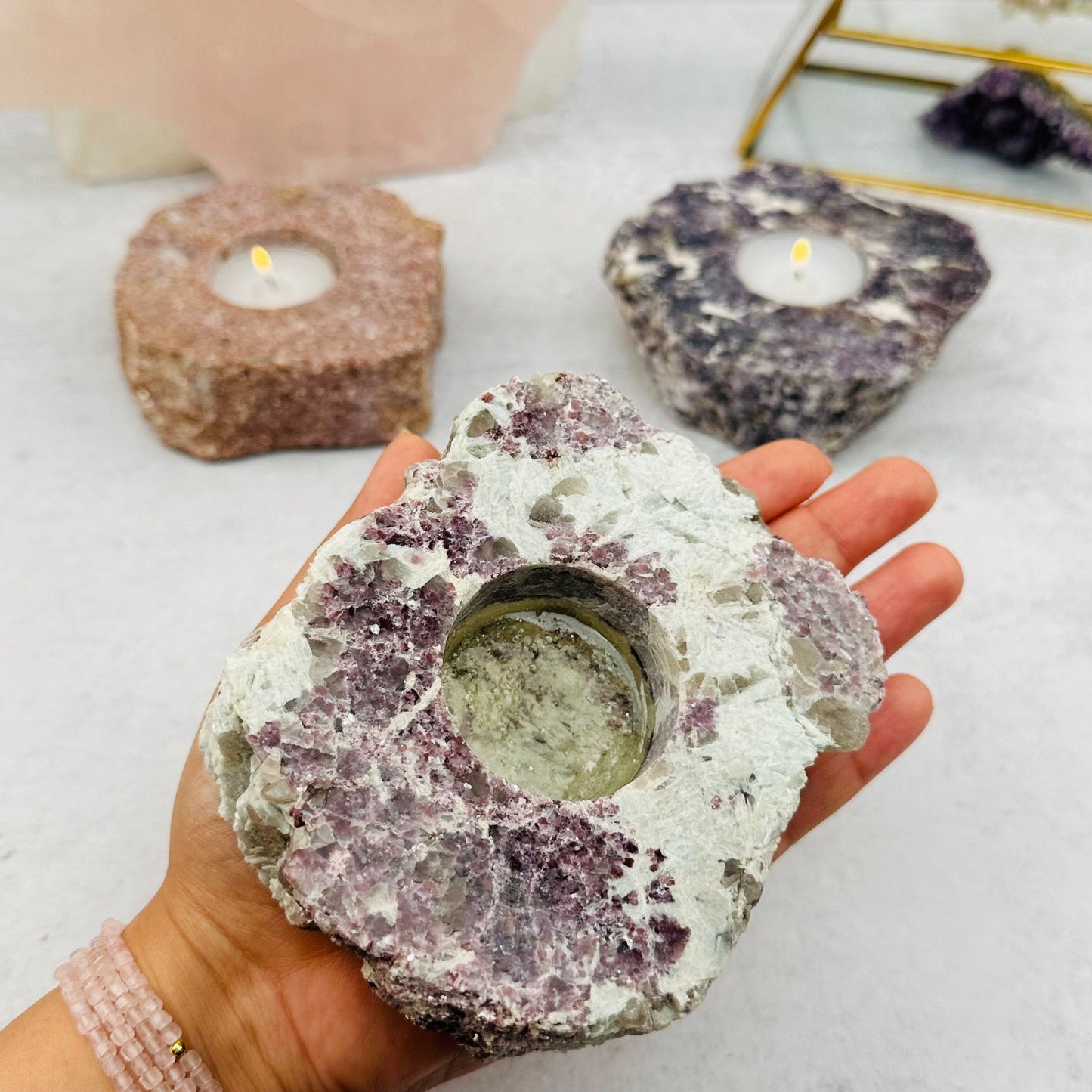 Raw Crystal Tea Light Holder - Polished Top Gemstone Candle Holder