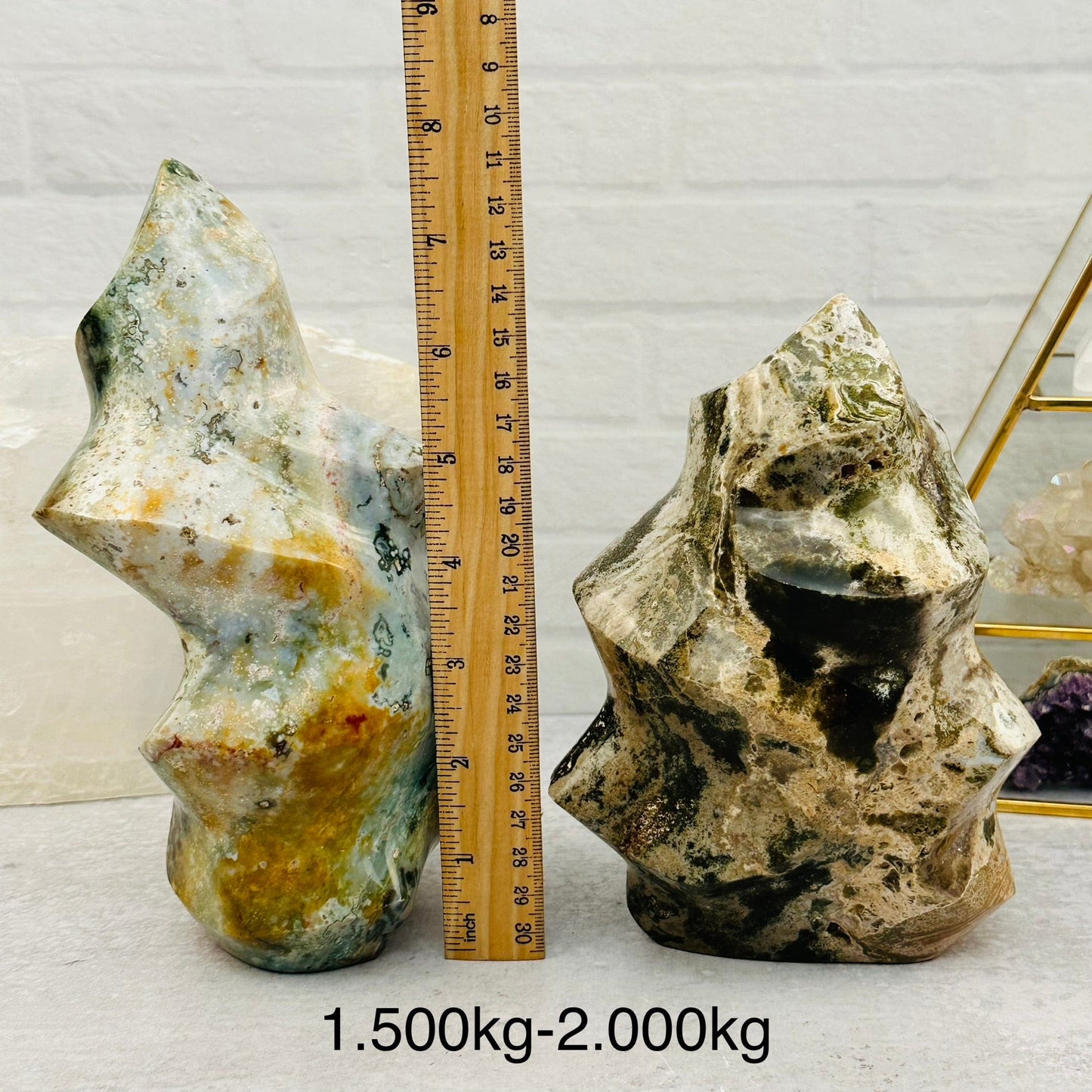 Ocean Jasper Flame Point - By Weight next to a ruler for size reference 