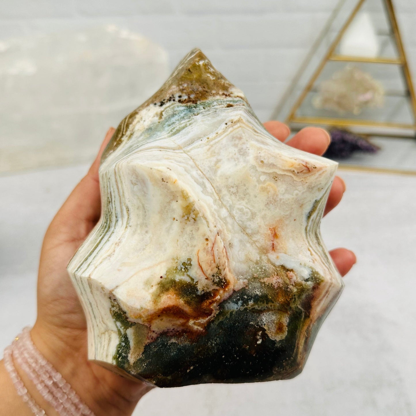 close up of the details on this ocean jasper flame point