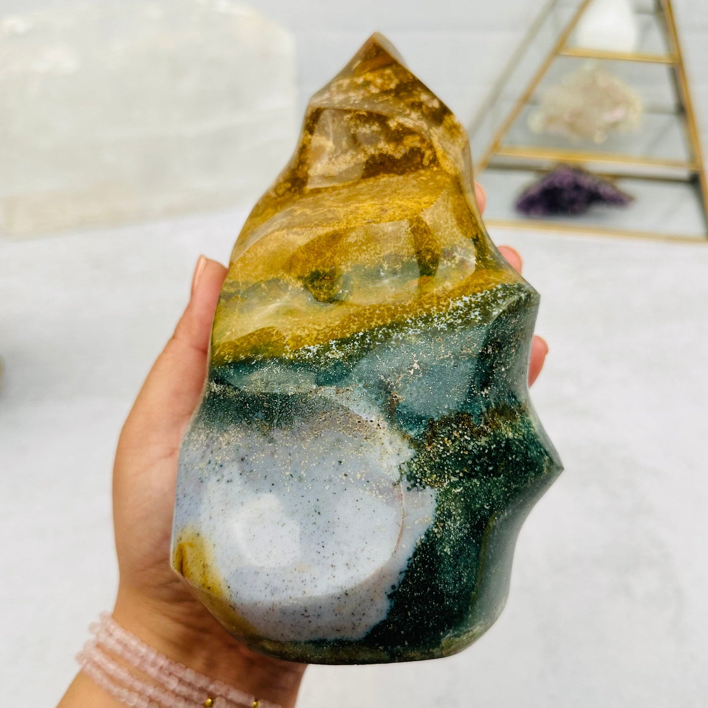 close up of the details on this ocean jasper flame point 