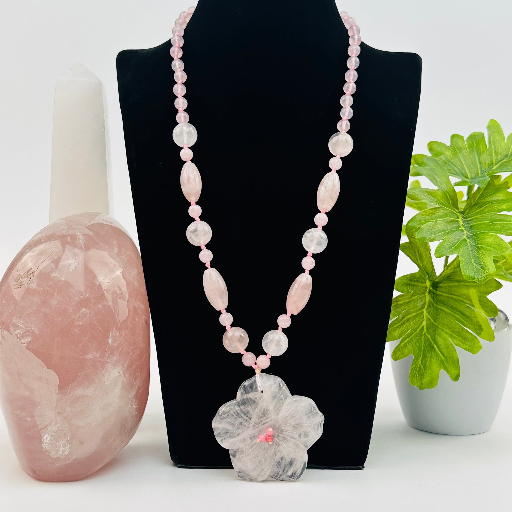 flower necklace available in rose quartz
