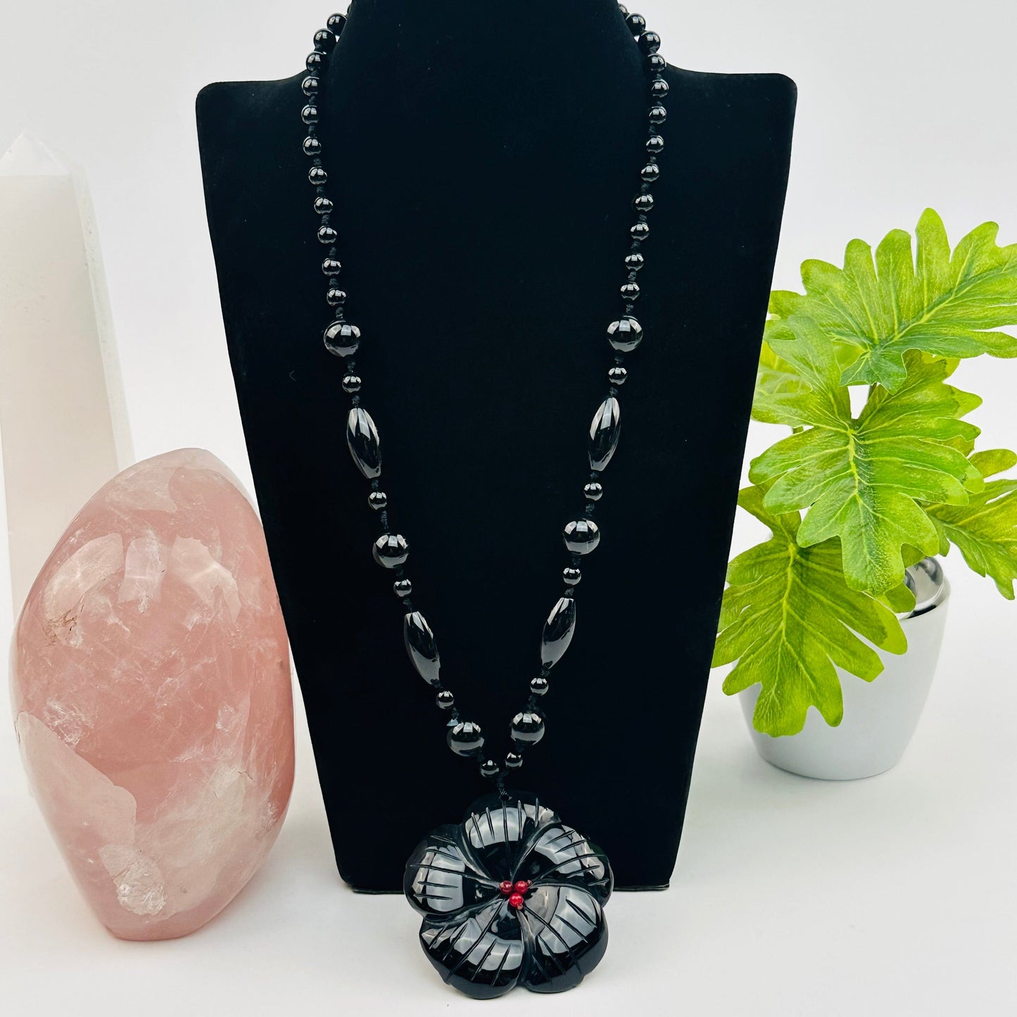 flower necklace available in black obsidian 
