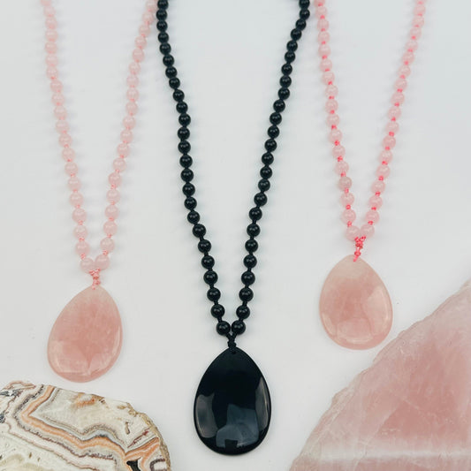 Crystal Tear Drop Pendant on Beaded Mala Necklace