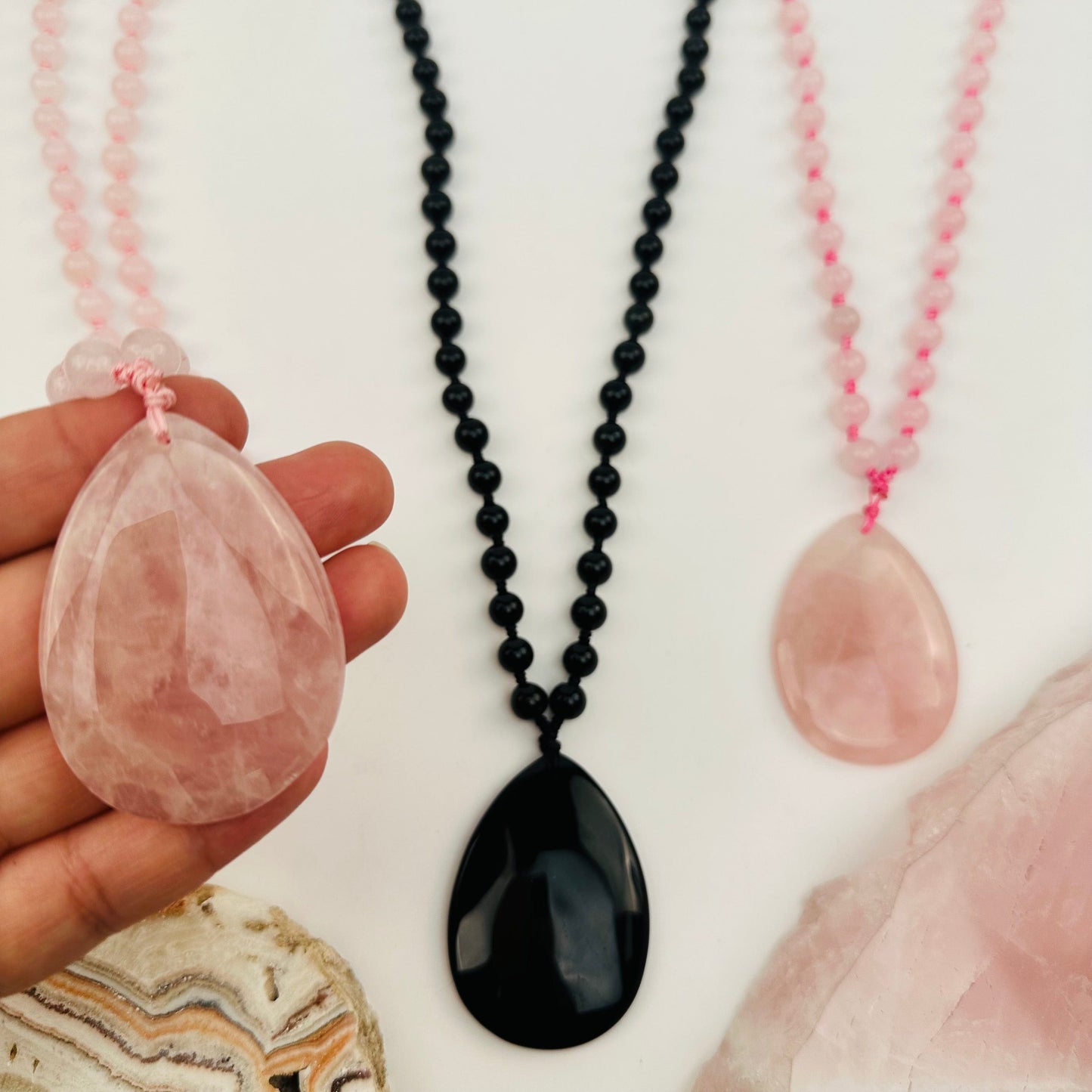 Crystal Tear Drop Pendant on Beaded Mala Necklace