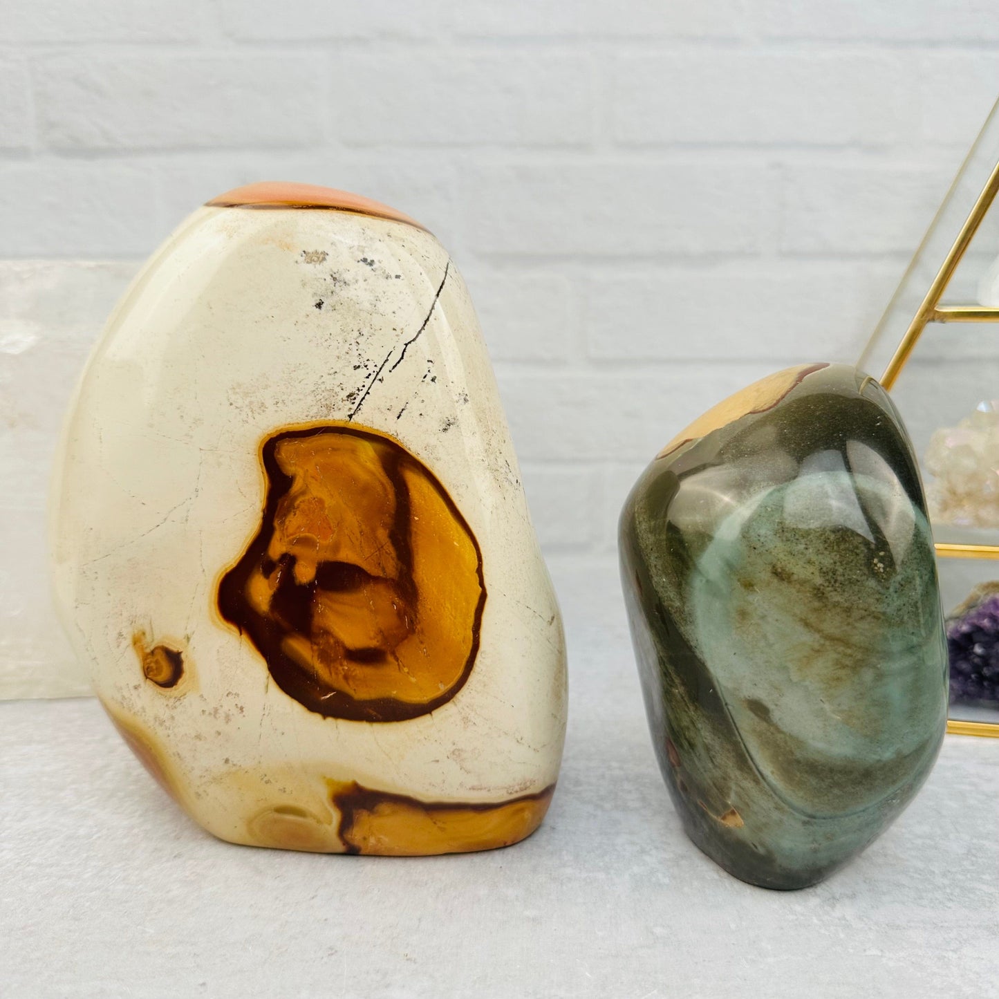 Polychrome Jasper Cut Bases displayed as home decor 