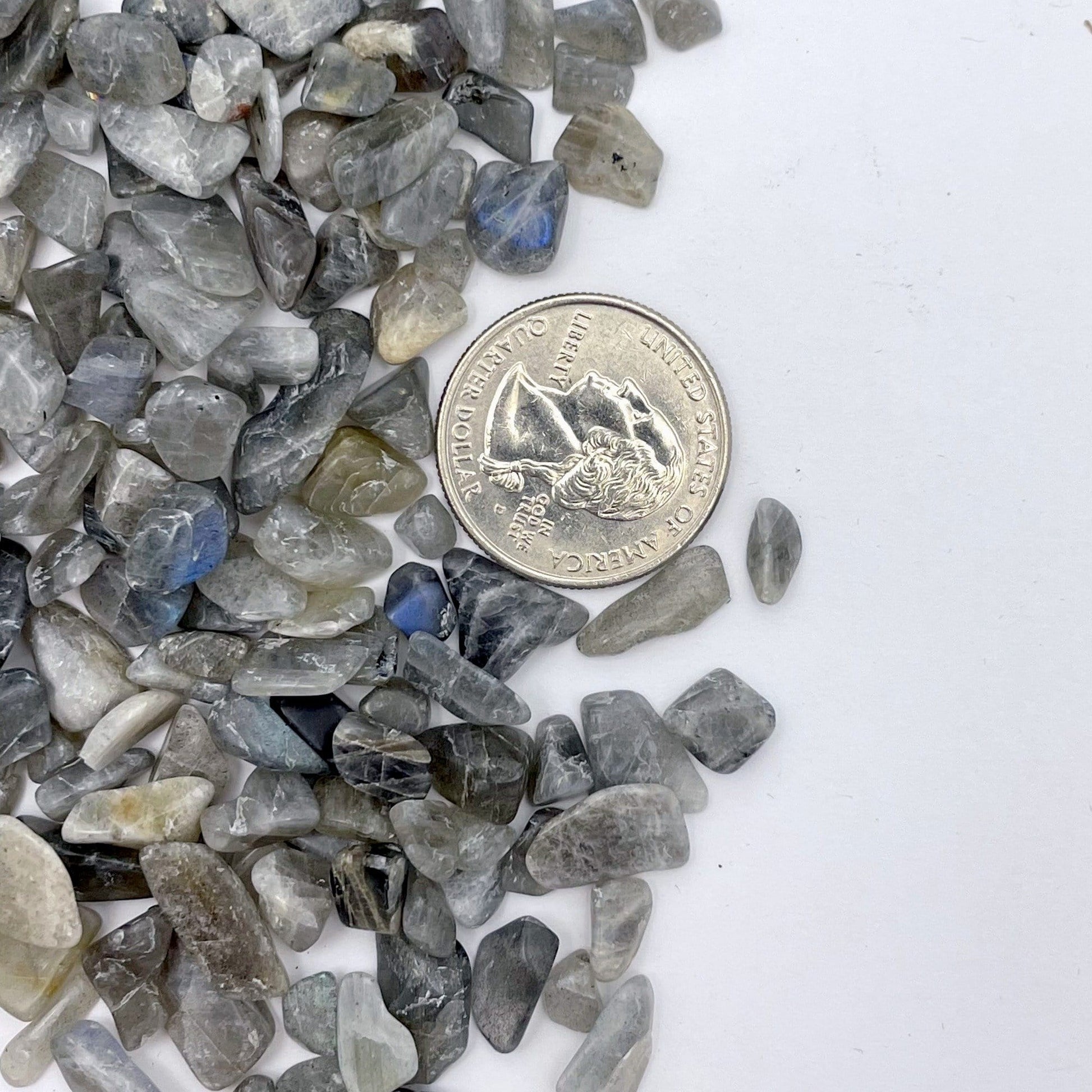 labradorite chips on white background