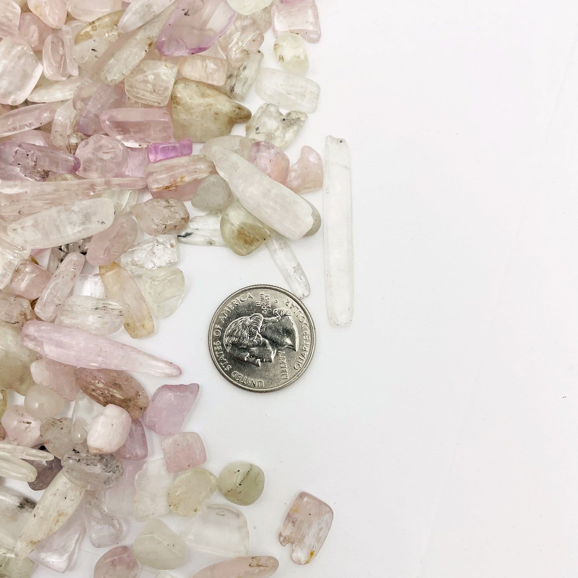 Kunzite 1lb Chips next to a quarter